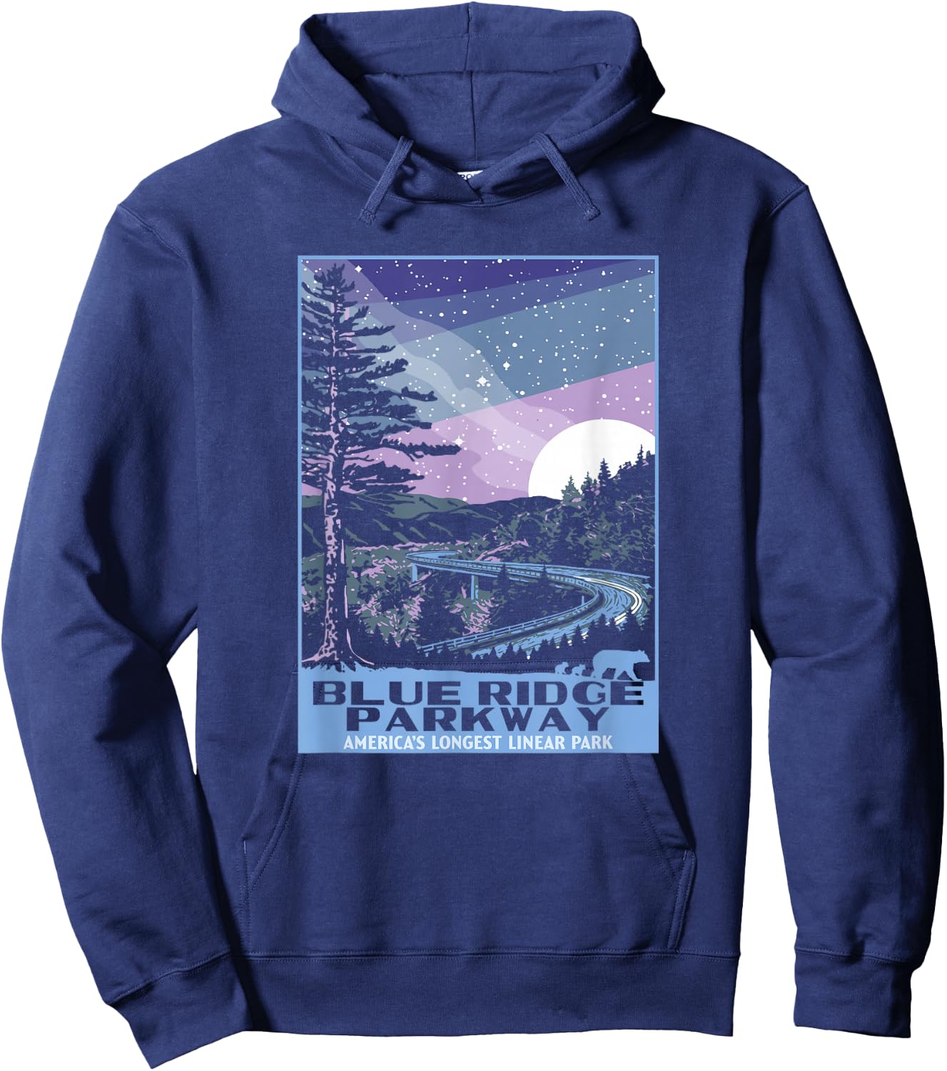 Blue Ridge Parkway at Night WPA Style Vintage Stars & Moon Hoodie - Hoodie | Navy