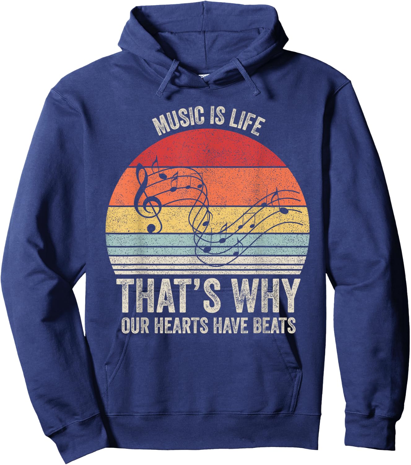 Vintage Retro Music Is Life That's Why Our Hearts Have Beats Hoodie - Hoodie | Navy