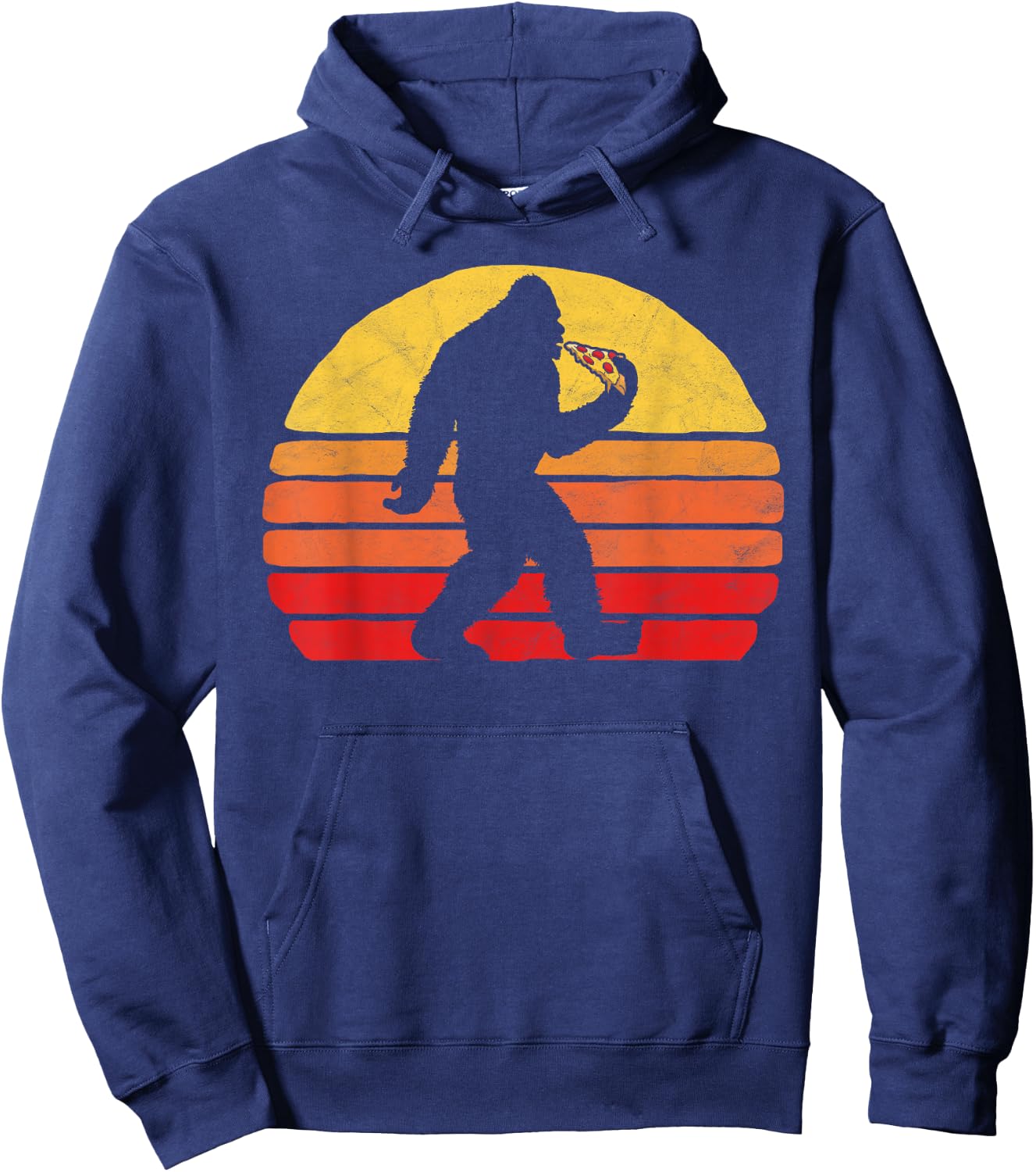 Sasquatch and Pizza! Funny Eating Bigfoot & 80s Sun Graphic Hoodie - Hoodie | Navy