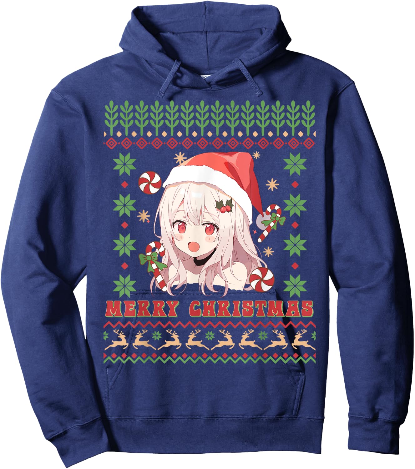Cute Anime Girl Santa Hat Otaku Ugly Sweater Merry Christmas Hoodie - Hoodie | Navy
