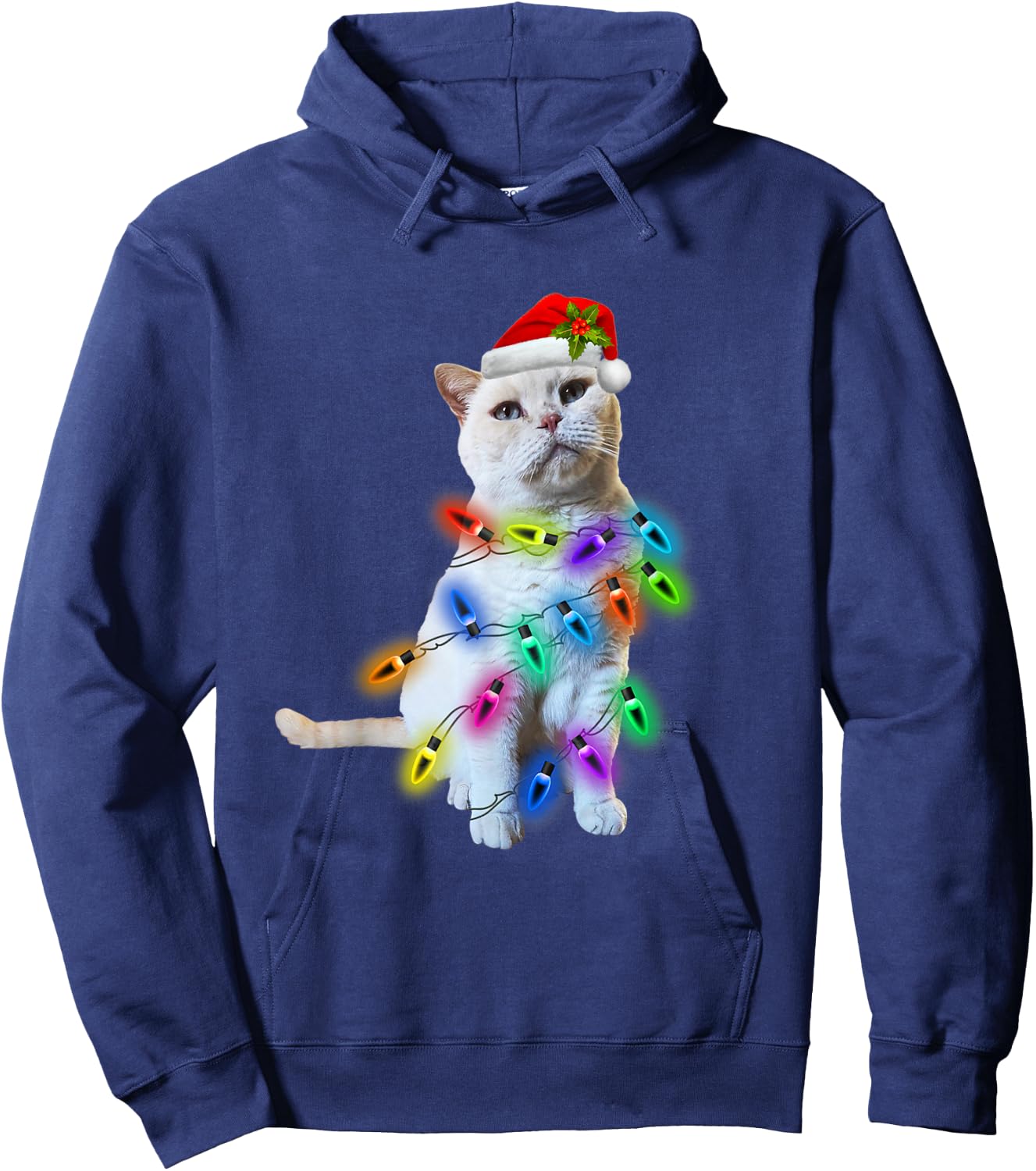 White Cat Christmas light funny cat lover Christmas Hoodie - Hoodie | Navy