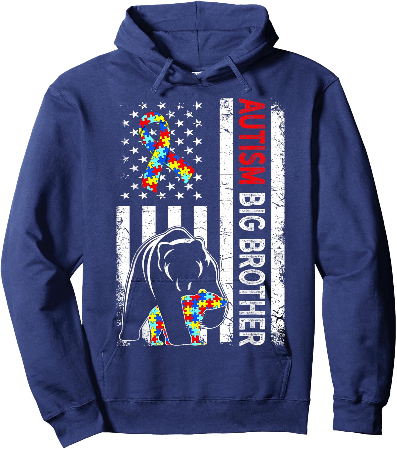 Distressed American Flag Autism Big Brother Bear Awareness Kids Men Hoodie - Hoodie | Navy