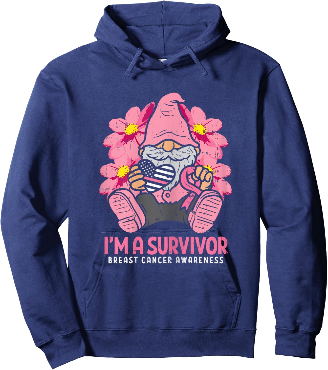 Breast Cancer Survivor Pink Ribbon Gnome US Flag Heart Gift Hoodie - Hoodie | Navy