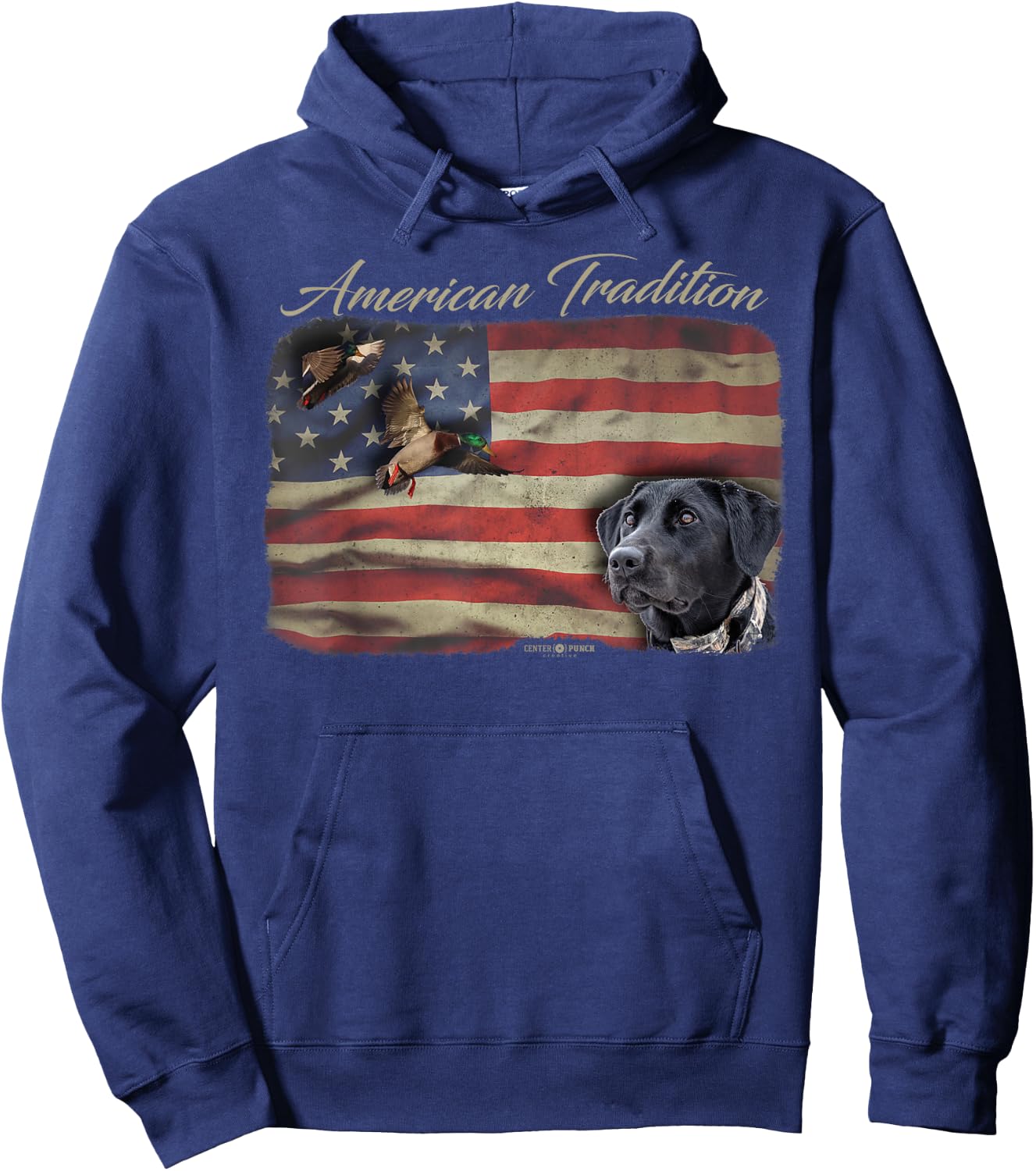 American Tradition Waterfowl Duck Hunting Dog Black Lab Flag Men Women Kids Hoodie - Hoodie | Navy