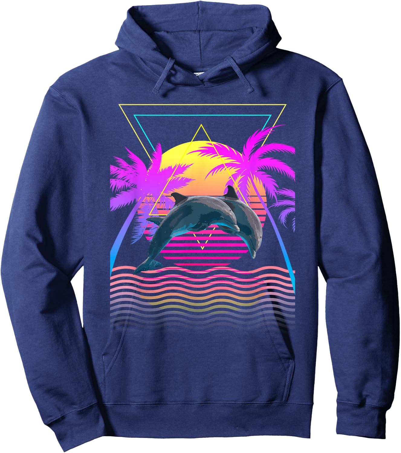 Retro 1980s 1990s Dolphins Palm Trees Sunset Beach Art Hoodie - Hoodie | Navy