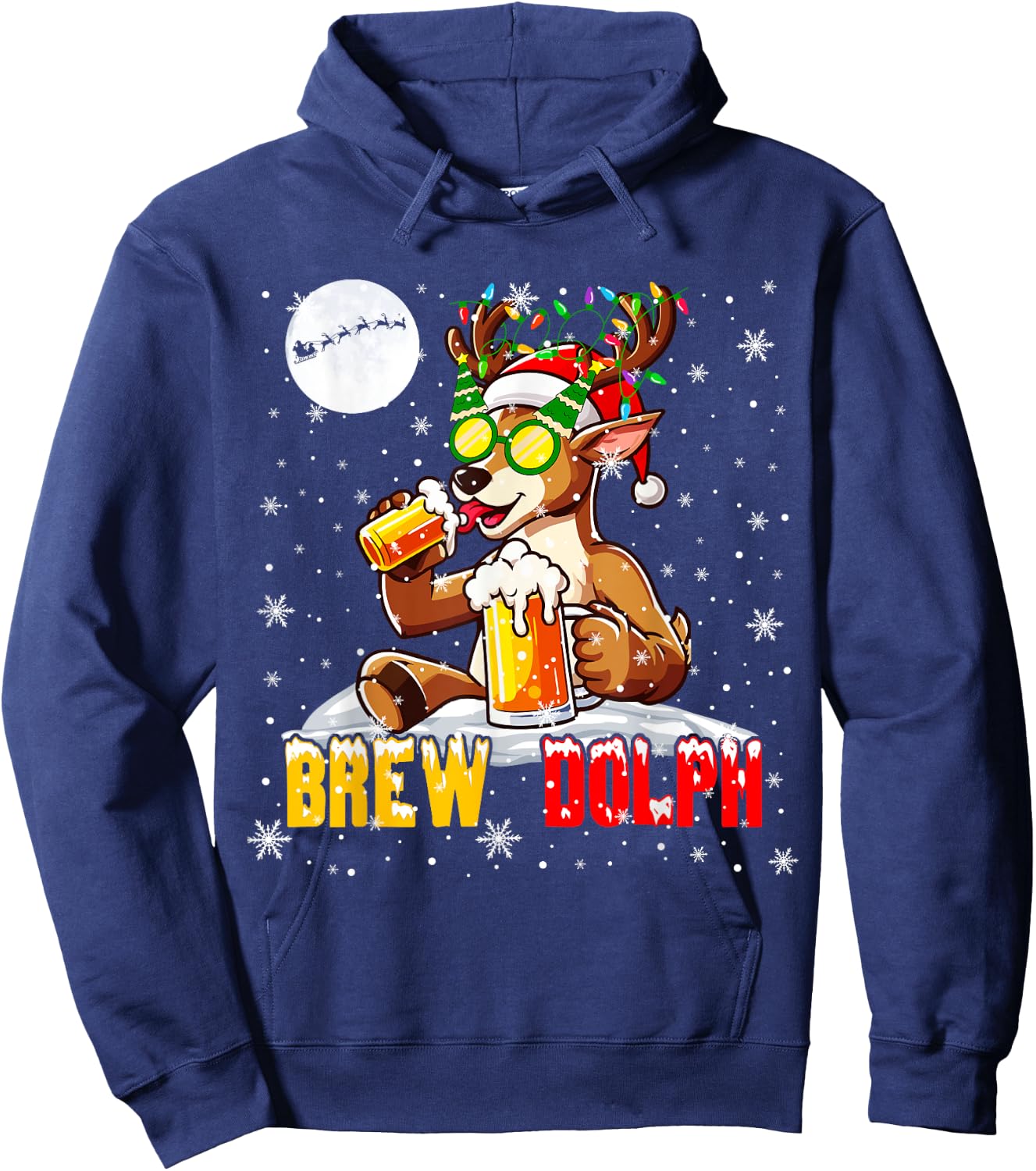 Brew Dolph Funny Reindeer Sunglasses Xmas Tree Drinking Beer Hoodie - Hoodie | Navy