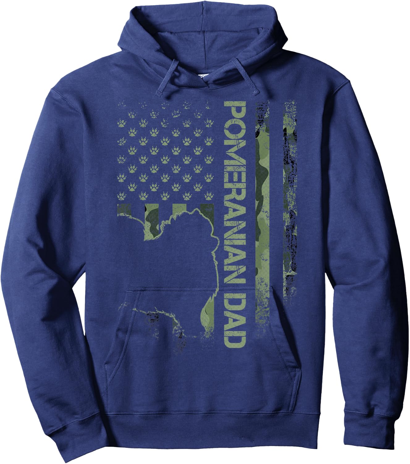 American Camo Flag Proud Pomeranian Dog Dad Pom Silhouette Hoodie - Hoodie | Navy