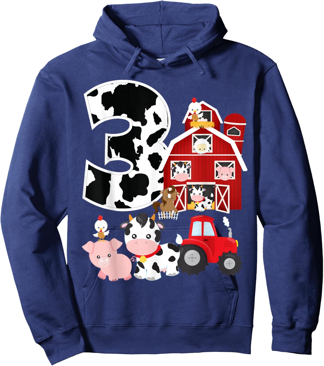 Farm Barnyard Theme Pig Cow Horse 3rd Birthday 3 Yrs Old Hoodie - Hoodie | Navy