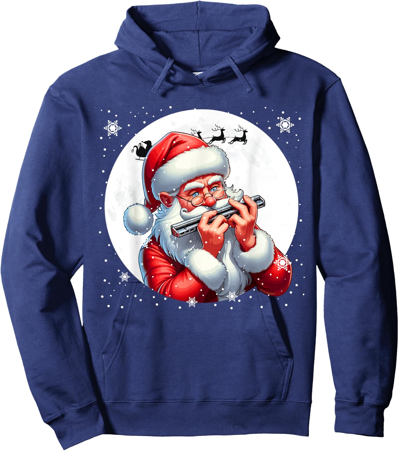 Santa Playing Harmonica Xmas Moon Costume Instrument Music Hoodie - Hoodie | Navy
