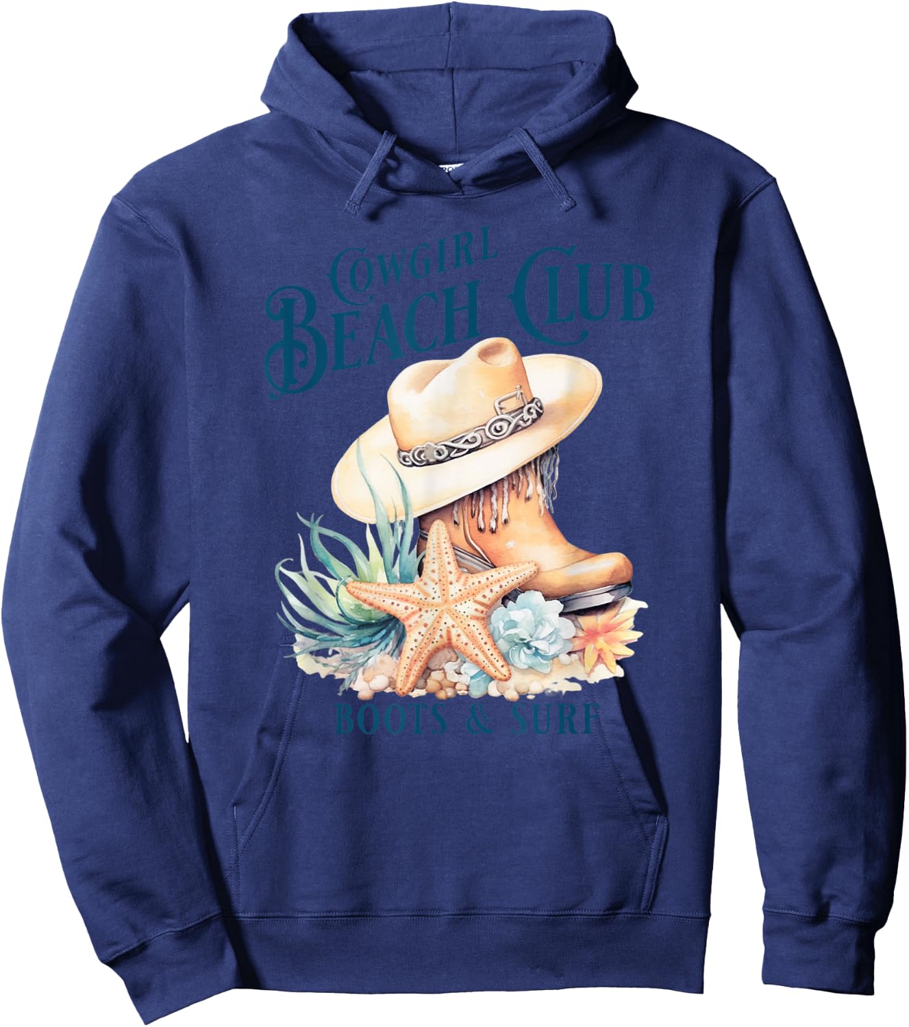 Cowgirl Surf Club, Coastal Boots On The Beach, Beach Cowgirl Hoodie - Hoodie | Navy