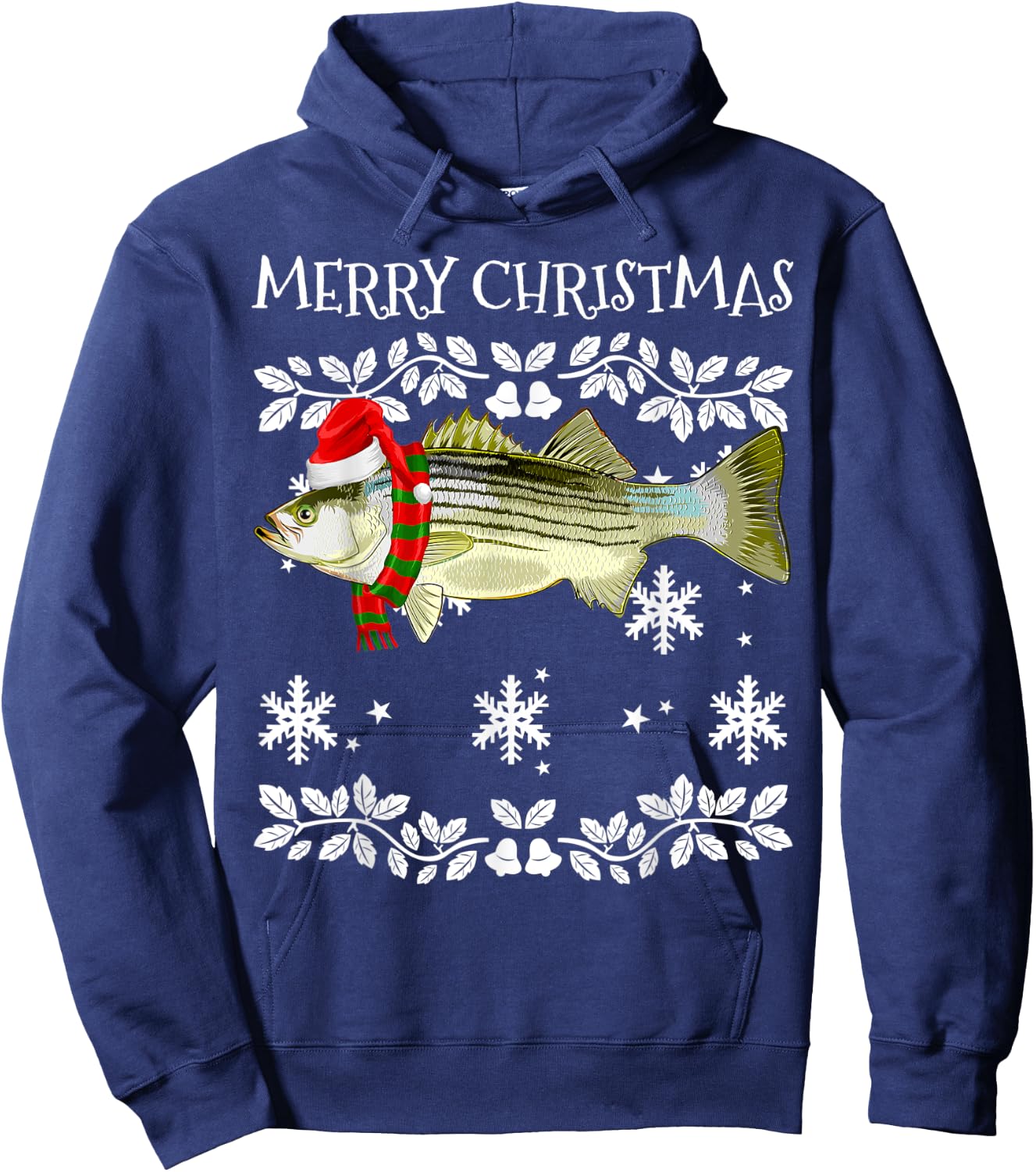 Fish Merry Christmas Ornament Striped Bass Ugly Xmas Hoodie - Hoodie | Navy