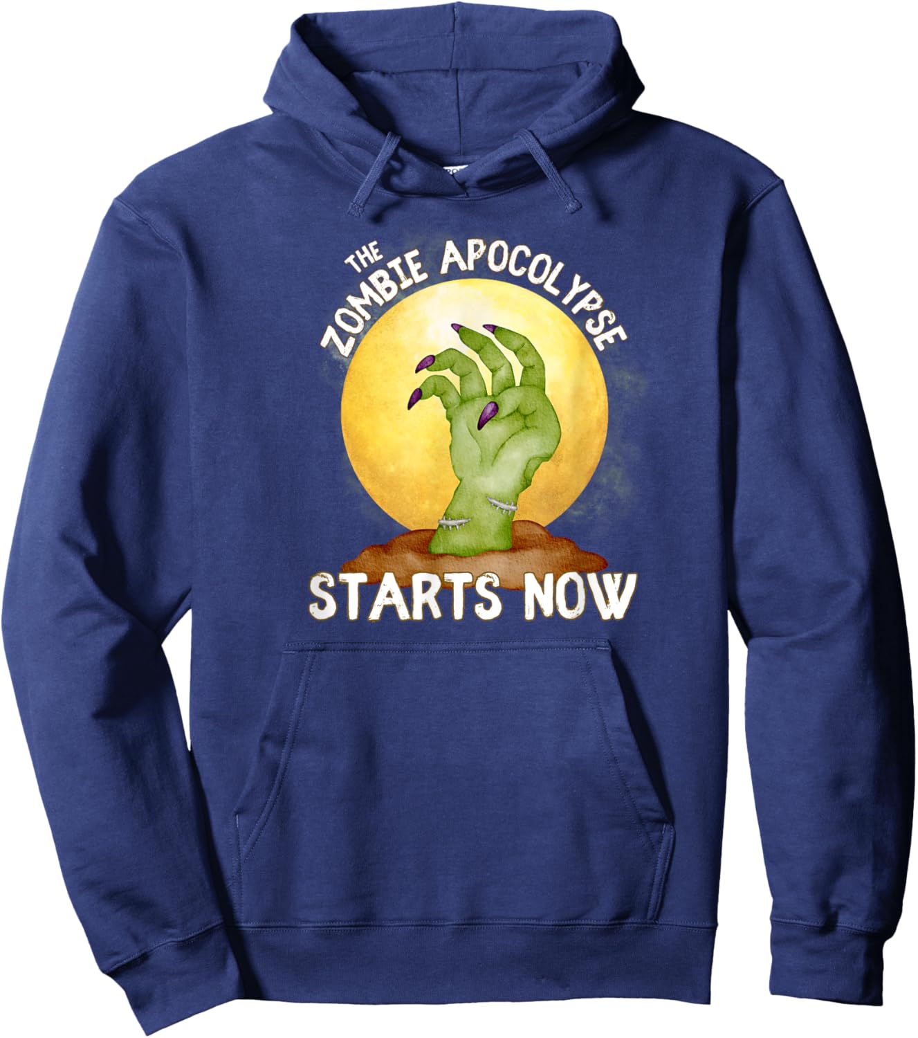 The Zombie Apocalypse Starts Now Zombie Hand Full Moon Grave Hoodie - Hoodie | Navy