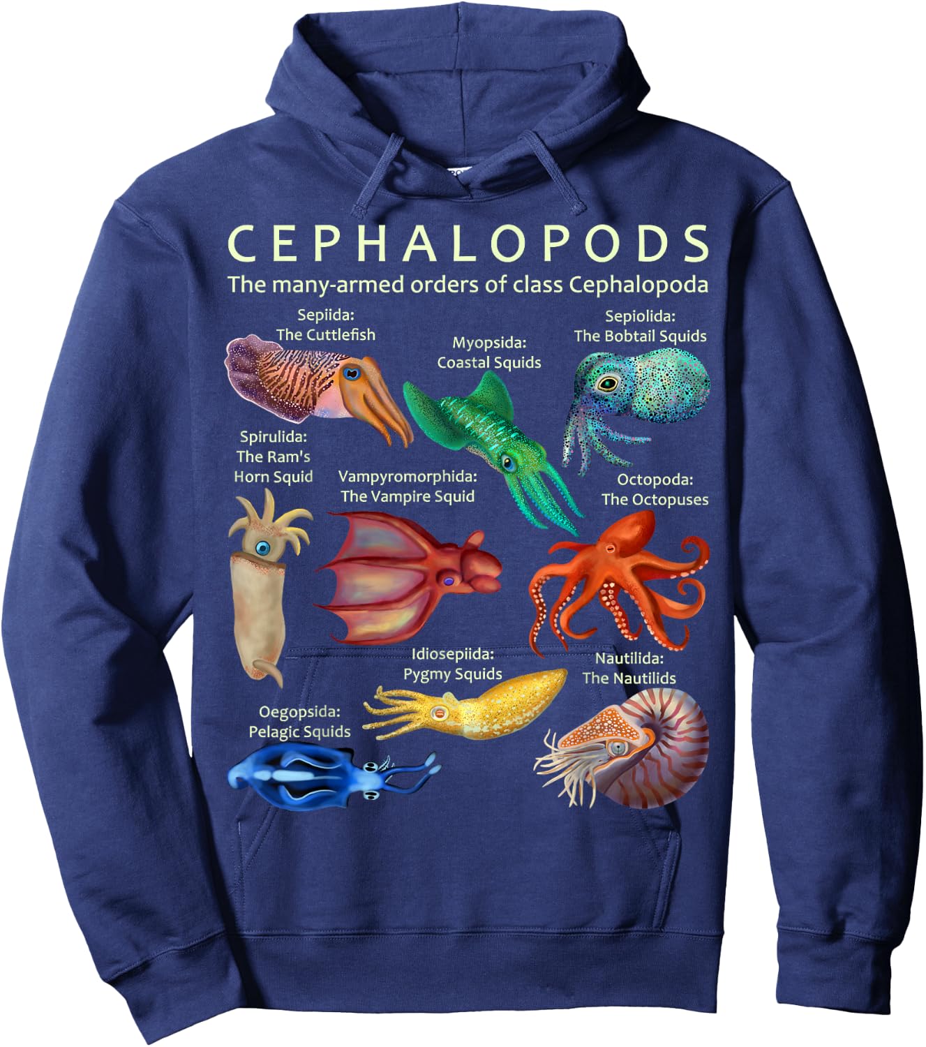 The Cephalopod Octopus Squid Cuttlefish and Nautilus Hoodie - Hoodie | Navy
