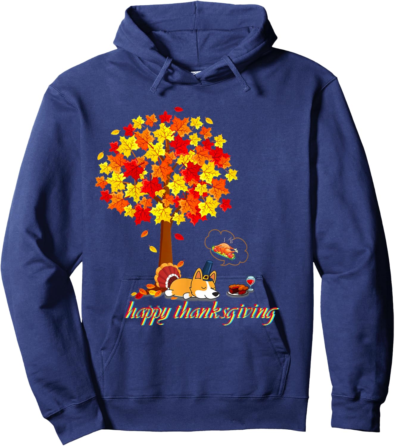 Funny Thanksgiving Corgi Lover Black Thanksgiving-themed Corgi -Adults Small Short Sleeve Cotton 100% Hoodie - Hoodie | Navy
