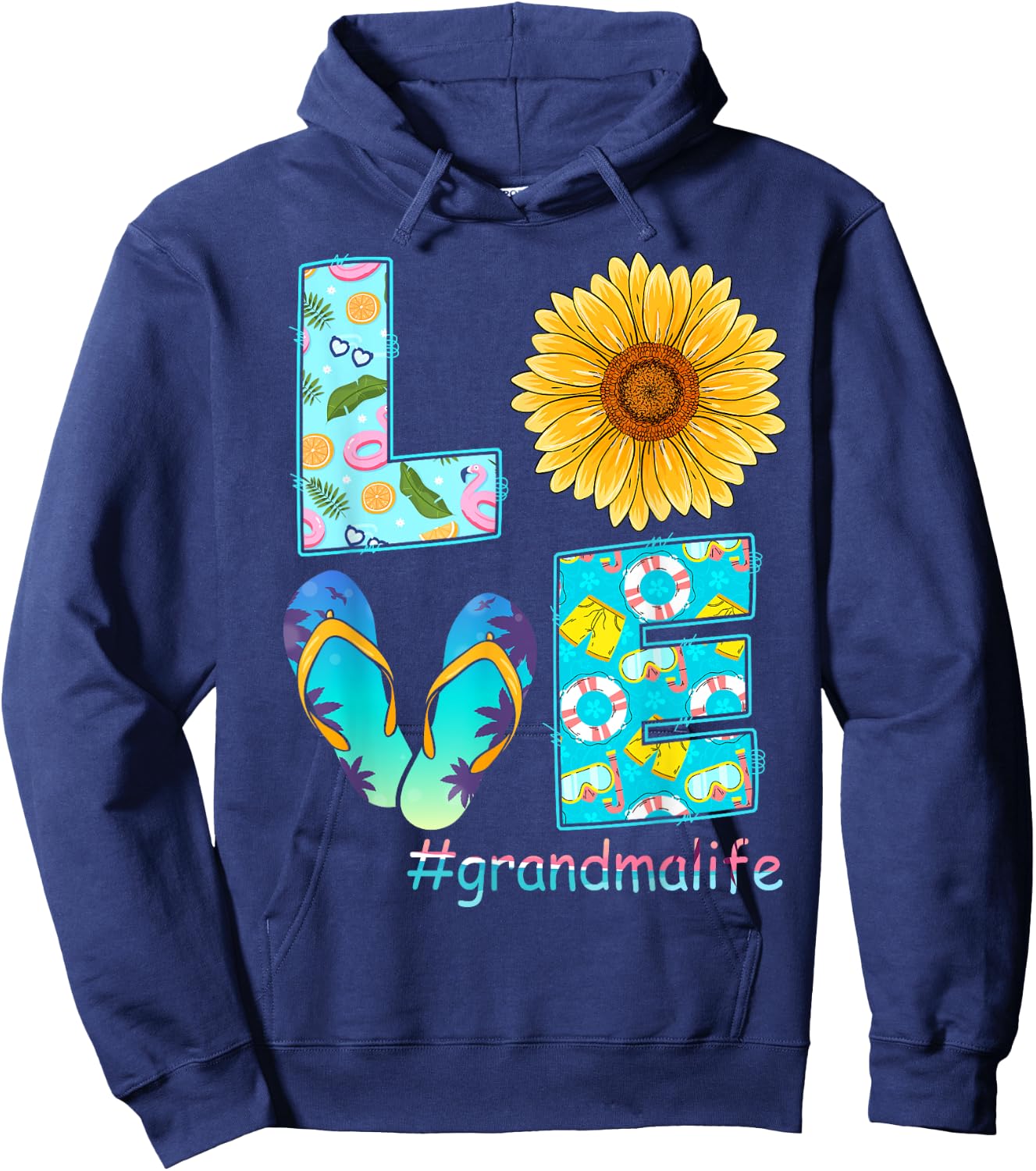 LOVE Grandma Life Flip Flops Hippie Sunflower Summer Women Hoodie - Hoodie | Navy
