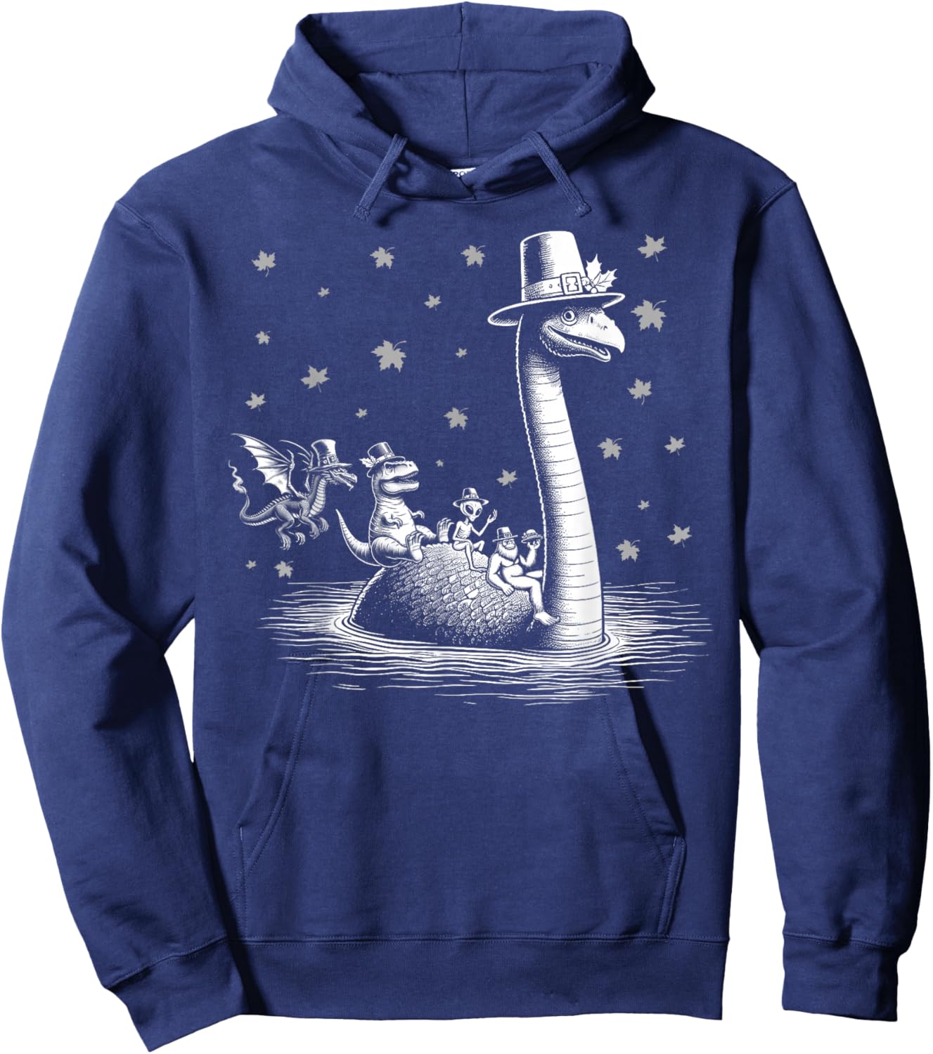 Thanksgiving Bigfoot alien riding loch Ness monster fall Hoodie - Hoodie | Navy
