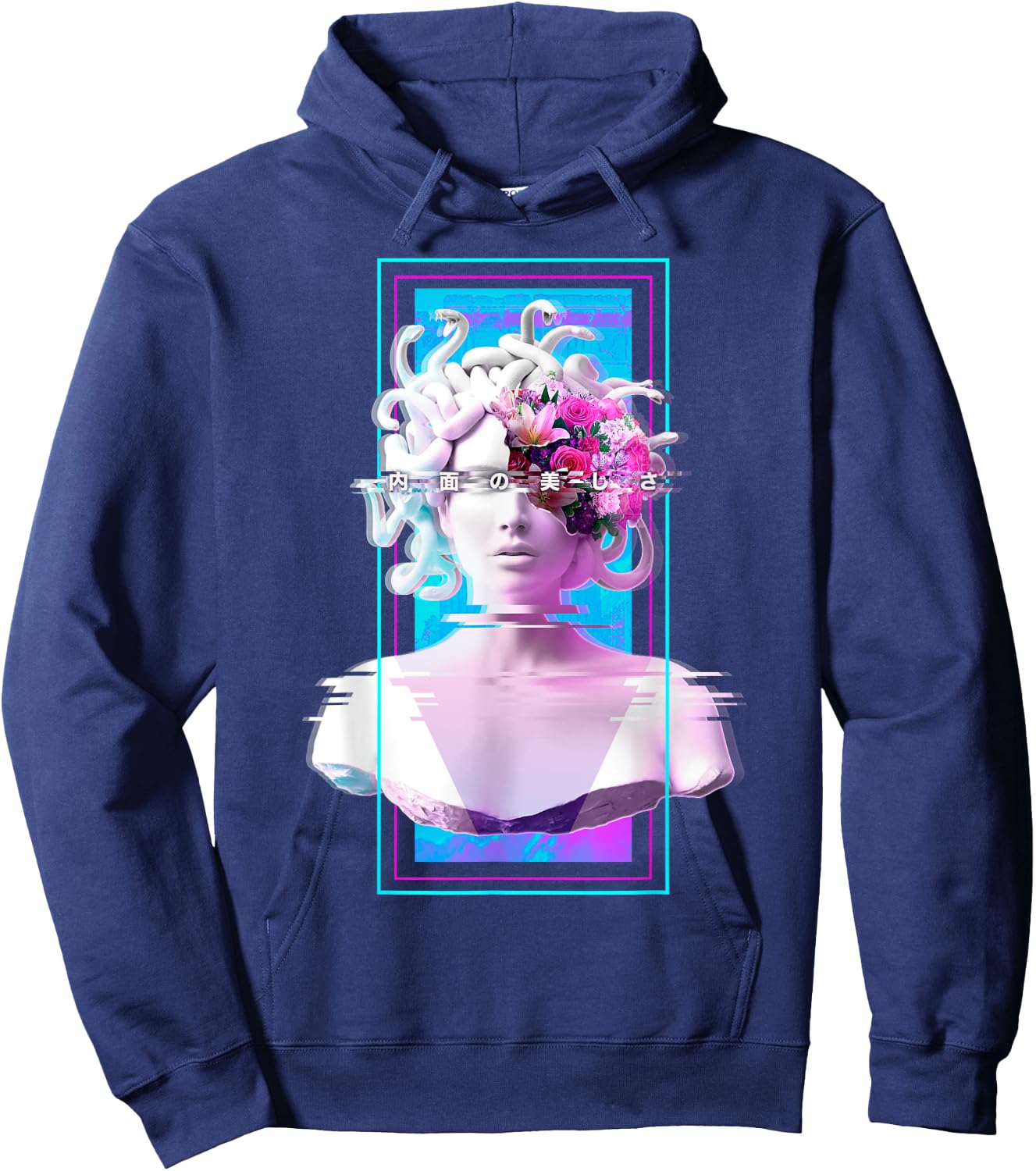 Vaporwave Medusa Statue Aesthetic Art Glitch Japanese Otaku Hoodie - Hoodie | Navy