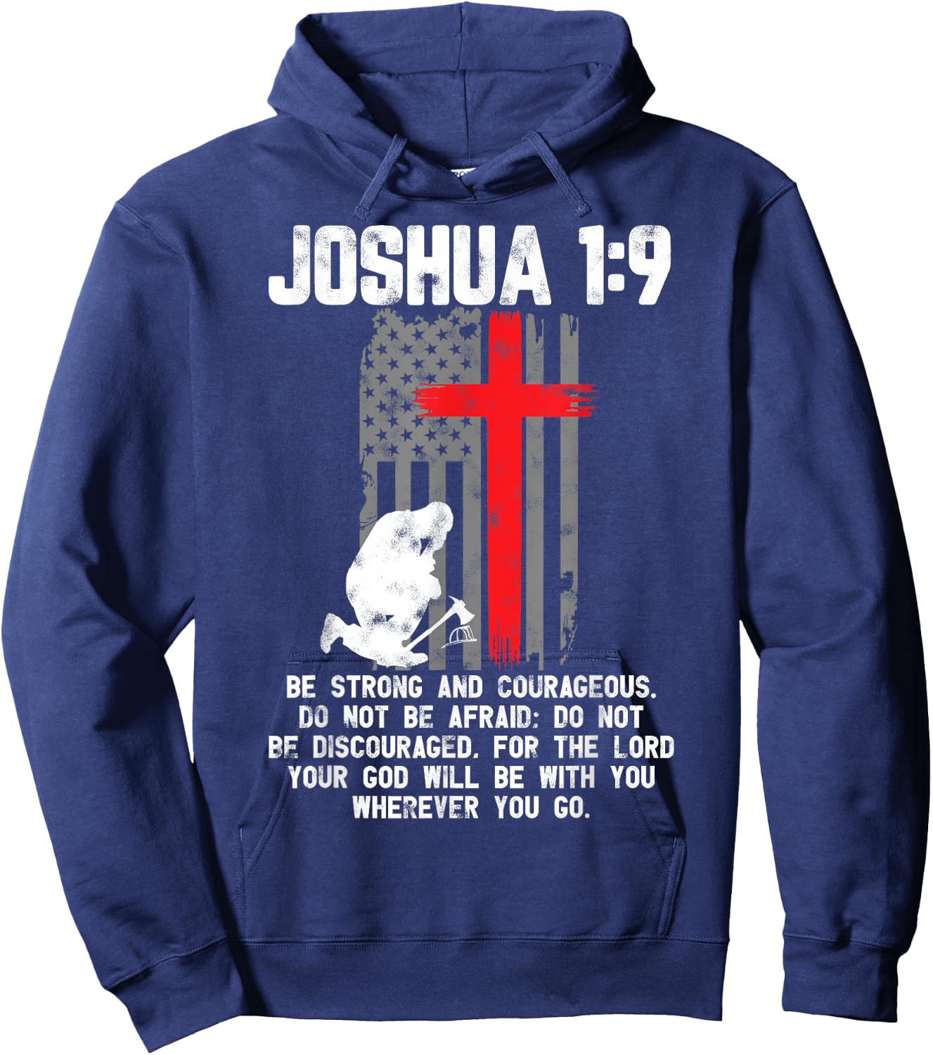 Thin Red Line Firefighter Cross Bible Verse Christian Hoodie - Hoodie | Navy