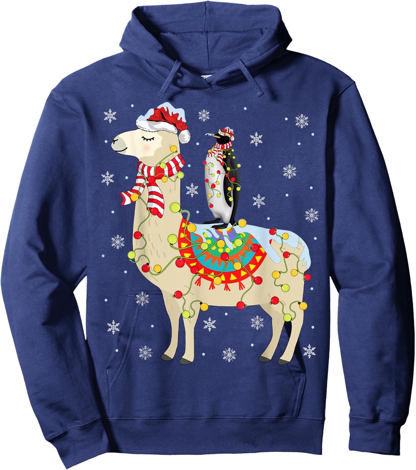 Xmas Lighting Santa Llama Riding Penguin Christmas Hoodie - Hoodie | Navy