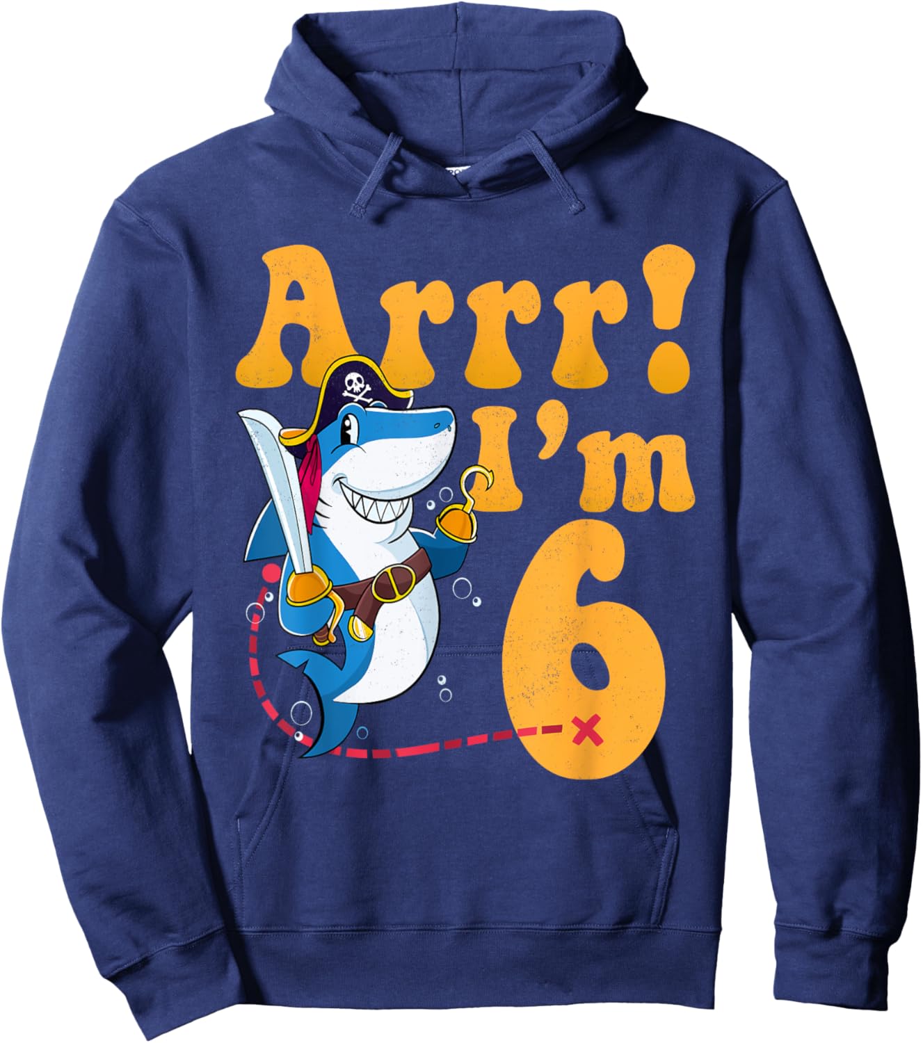 Kids 6th Shark Pirate Birthday Party 6 Six Years Old Boys Hoodie - Hoodie | Navy