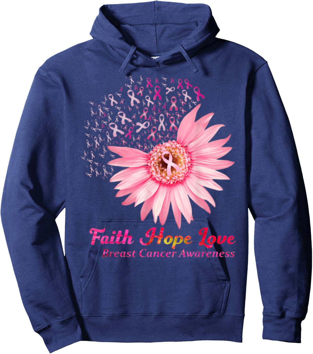 Faith Hope Love Breast Cancer Awareness Flower Pin Hoodie - Hoodie | Navy