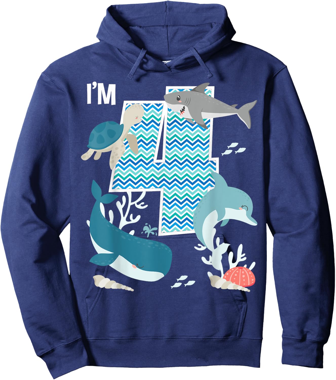 Kids 4 Year Old Ocean Life Whale Dolphin Shark 4th Birthday Hoodie - Hoodie | Navy