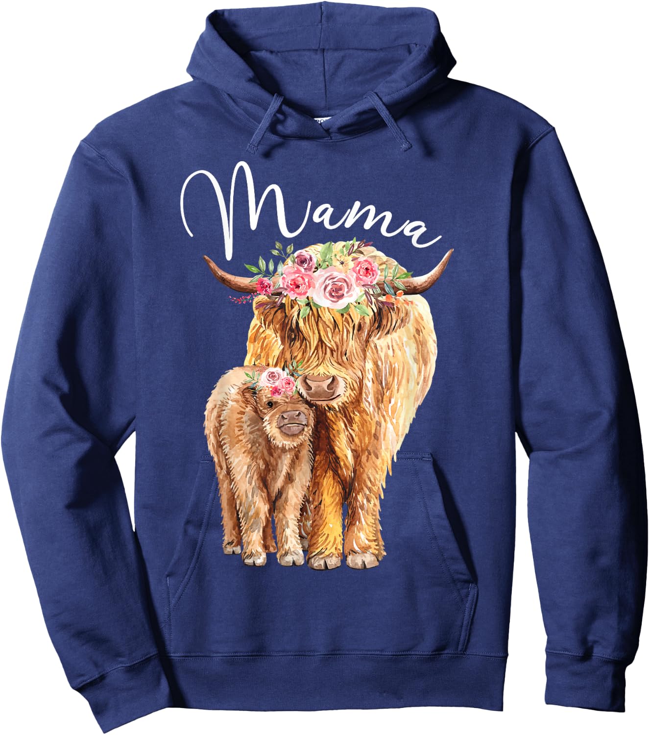 Mama Highland Cow With Baby Calf Floral Mothers Day Mom Gift Hoodie - Hoodie | Navy