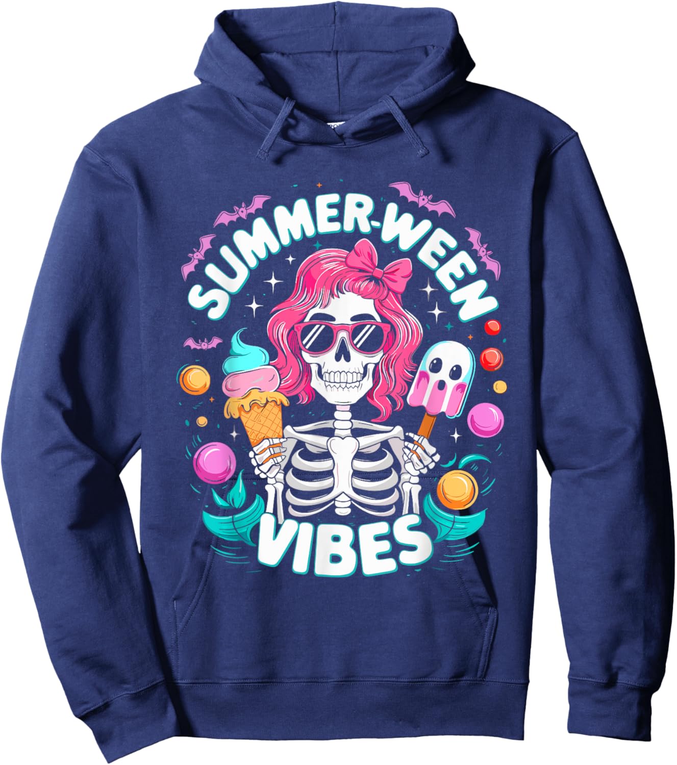 Summerween Vibes Skeleton Spooky Vacation Halloween Summer Hoodie - Hoodie | Navy