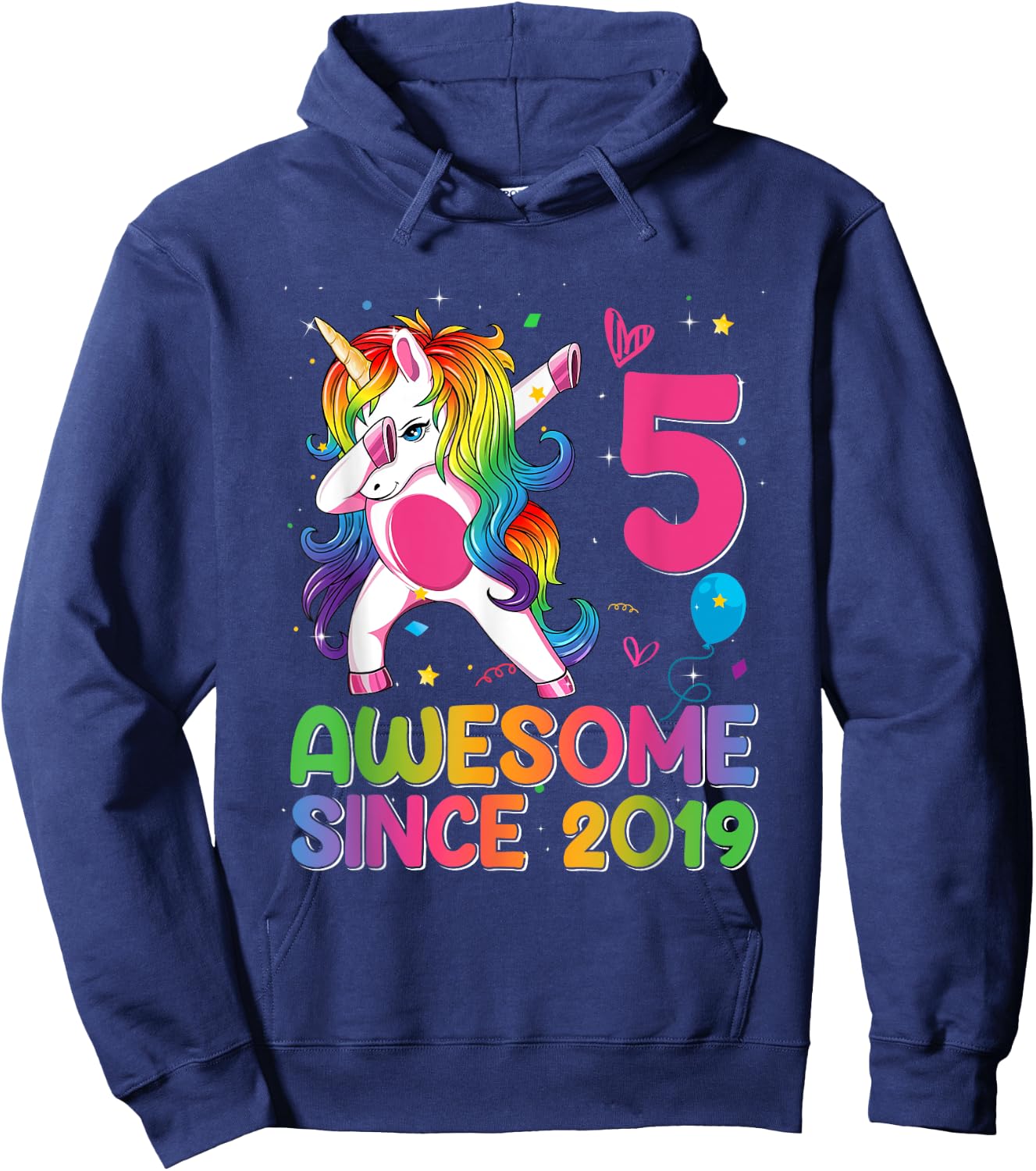 5 Years Old Awesome Since 2019 5th Birthday Unicorn Girls Hoodie - Hoodie | Navy