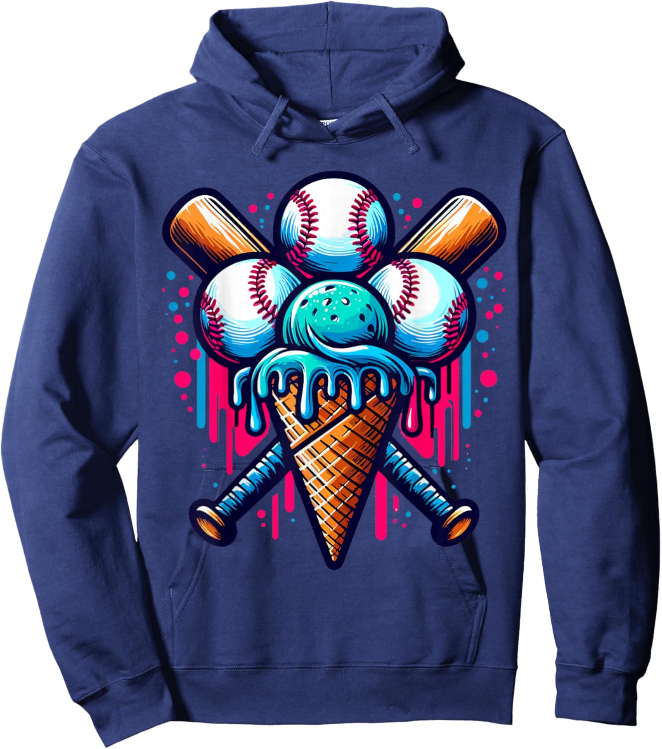 Baseball Ice Cream Watercolor Sports Lover Ice Cream Cone Hoodie - Hoodie | Navy
