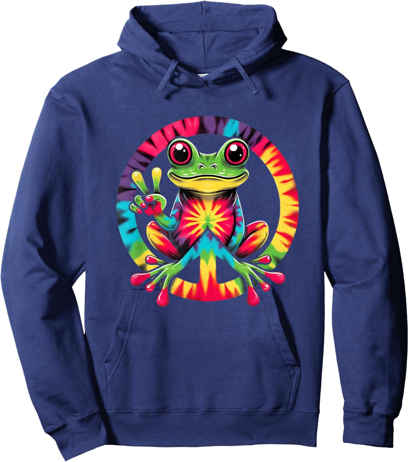 Colorful Tie Dye Collection Tie-Dye Frog Holding Peace Sign Funny Hippie Hoodie - Hoodie | Navy