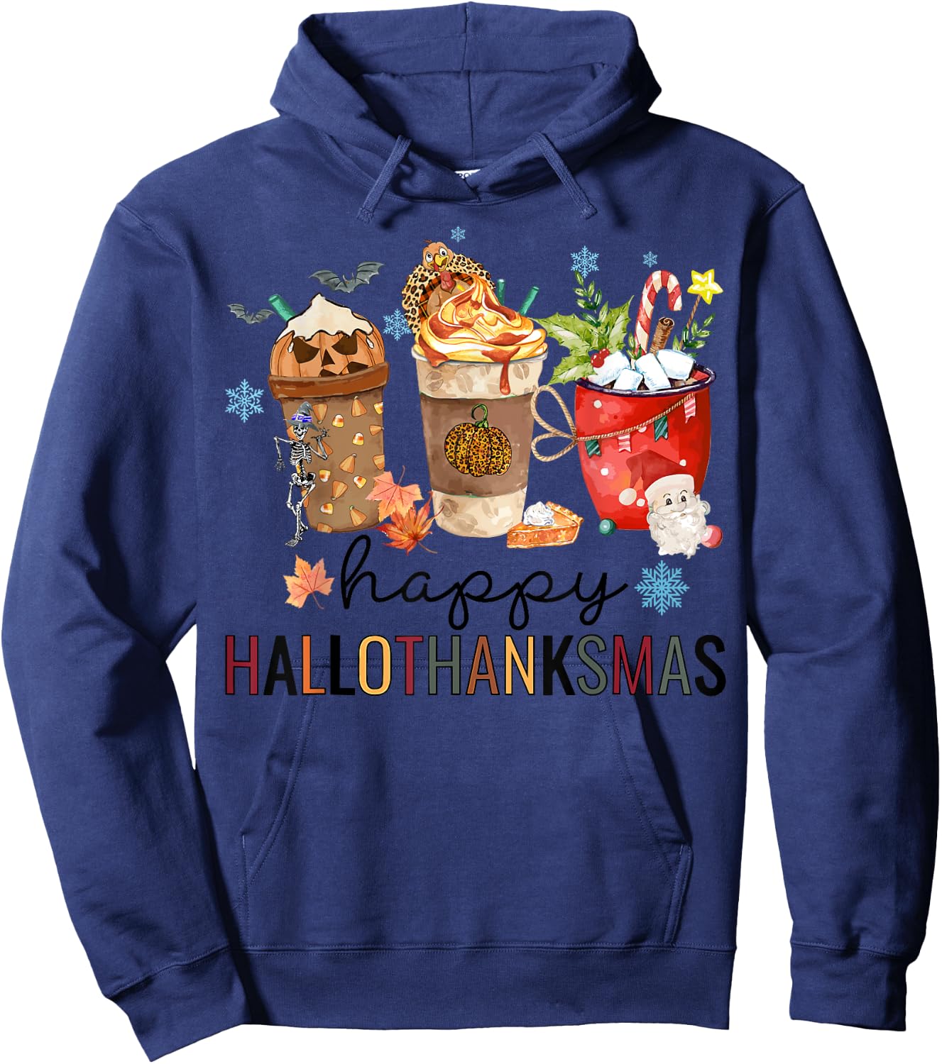 Happy Hallothanksmas Coffee Halloween Thanksgiving Christmas Hoodie - Hoodie | Navy