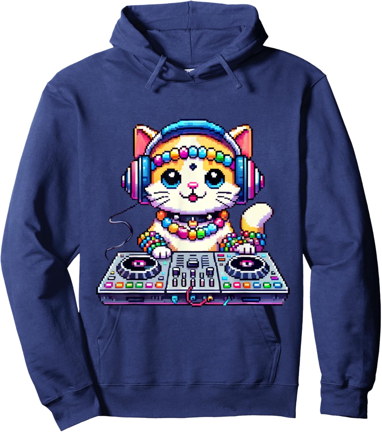 Funny Graphic Pixel Kandi DJ Cat Festival Rave EDM Party EDC Women Hoodie - Hoodie | Navy