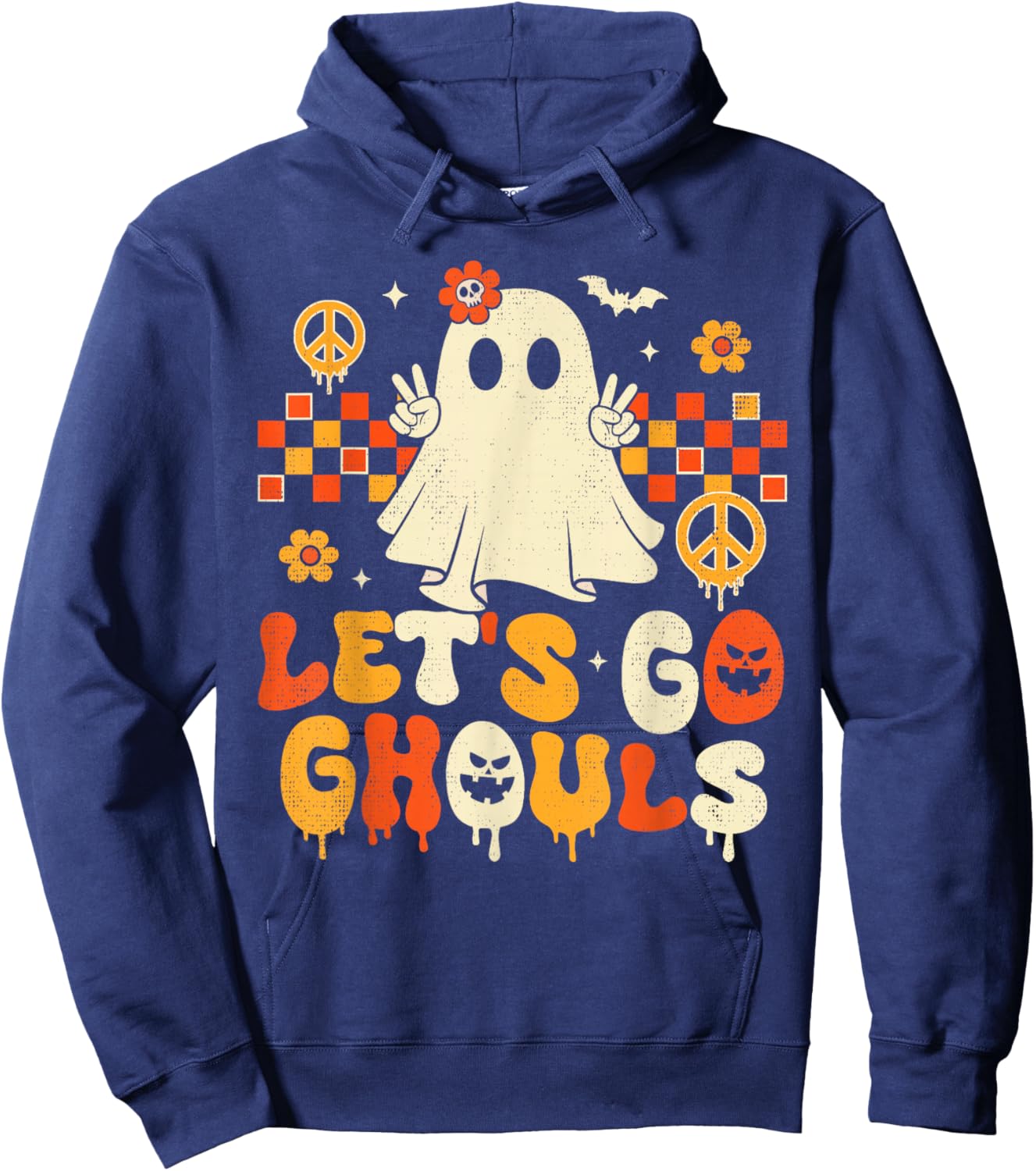 Halloween Lets Go Ghouls Ghost Retro Groovy Women Girl Kids Hoodie - Hoodie | Navy