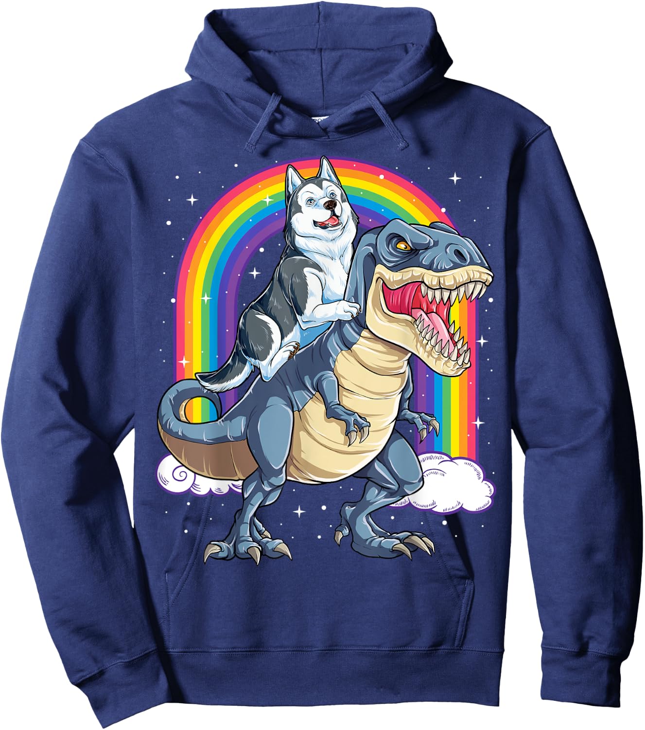 Siberian Husky Riding Dinosaur T-rex Gifts Boys Kids Rainbow Hoodie - Hoodie | Navy
