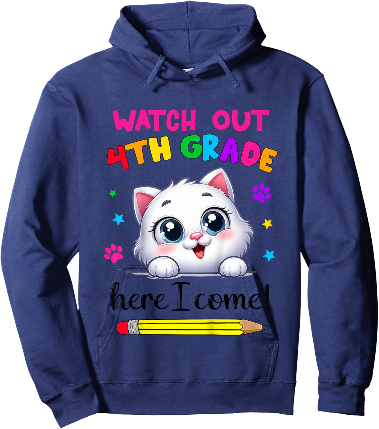 Kids Watch Out 4th Grade Here I Come Girls Cat Back To School Hoodie - Hoodie | Navy