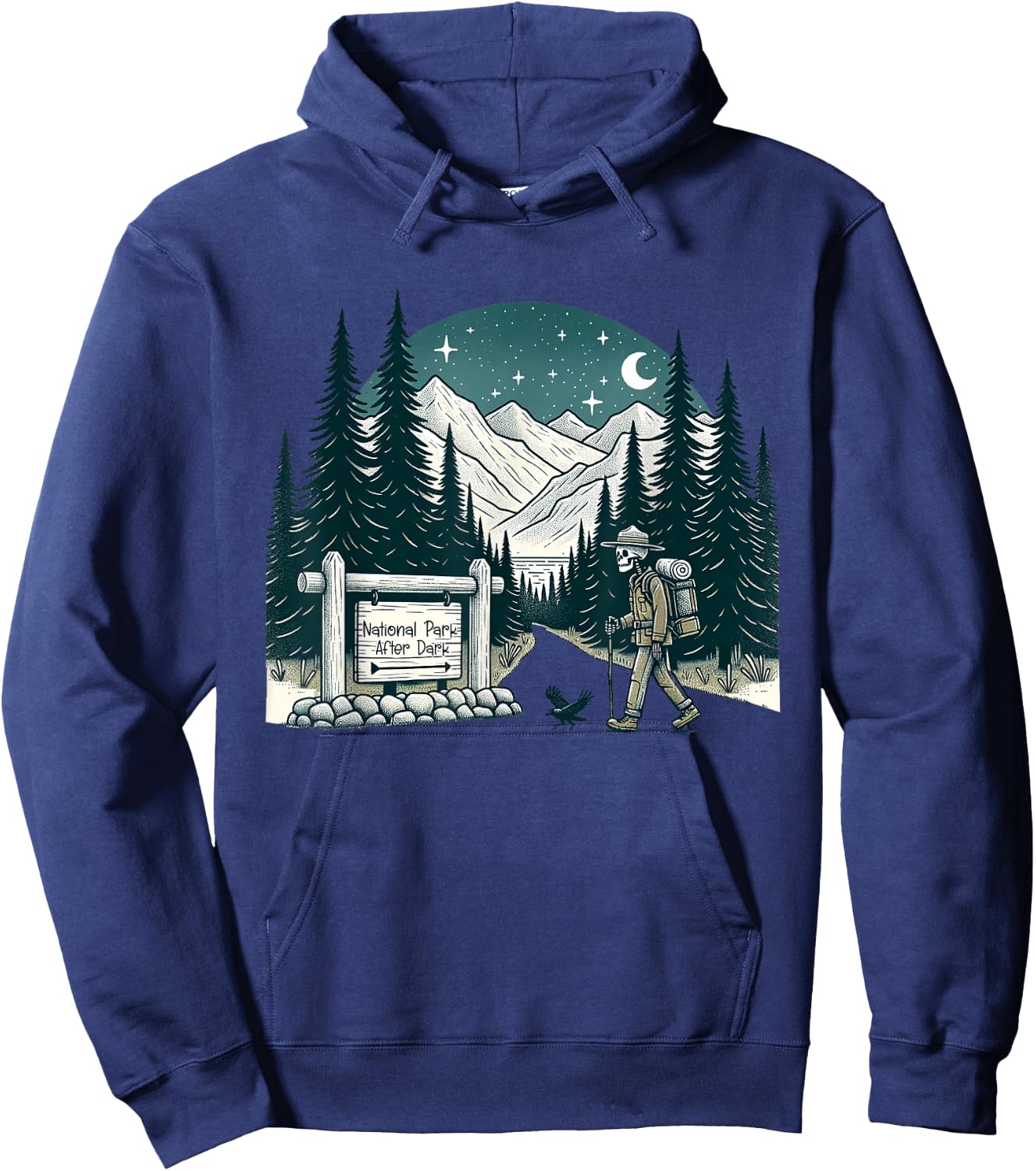 Vintage Retro National Park After Dark Skeleton Hiking Camping Outdoor , Small Hoodie - Hoodie | Navy