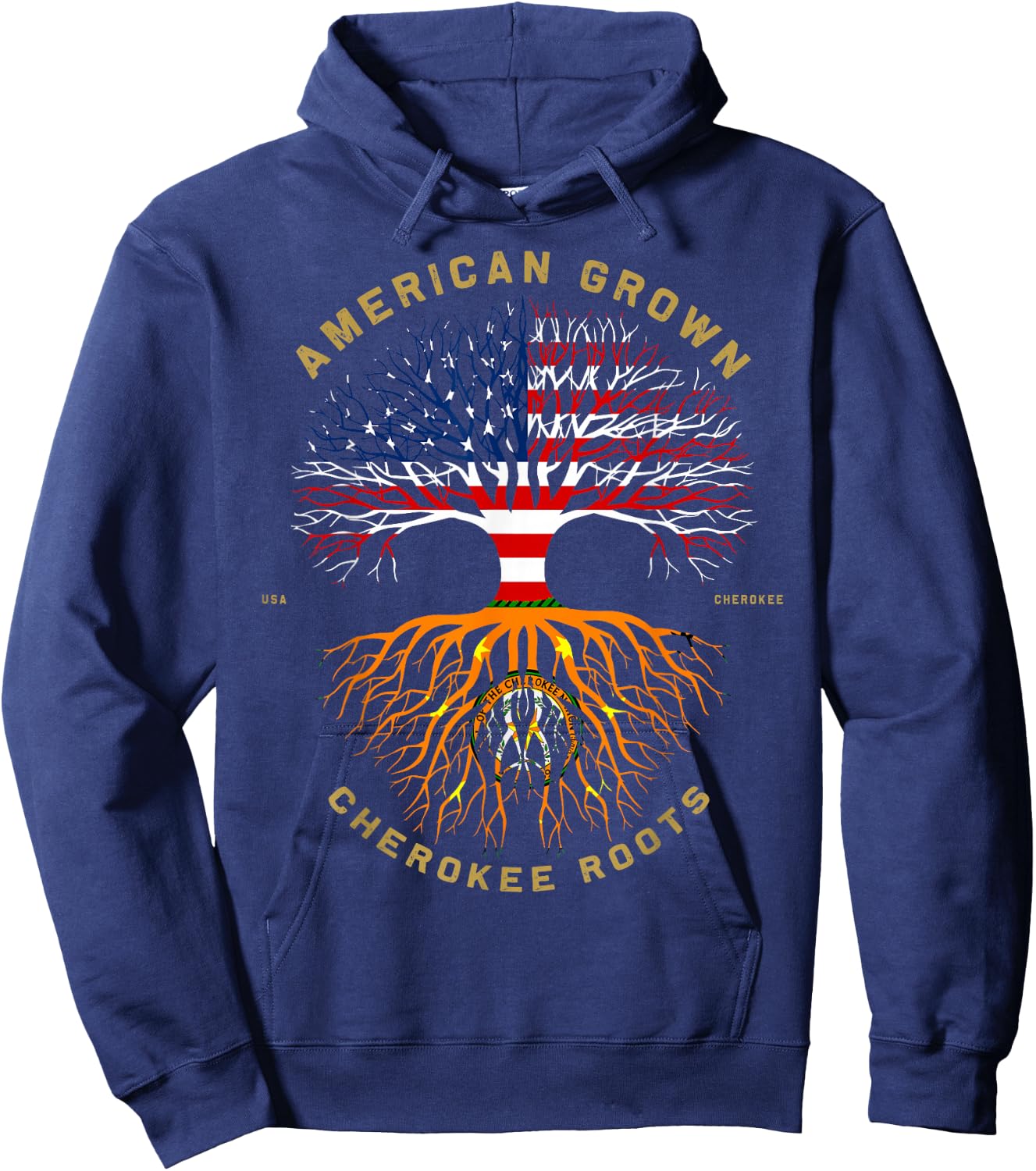 American Grown with Cherokee Roots Tree USA Flag Hoodie - Hoodie | Navy
