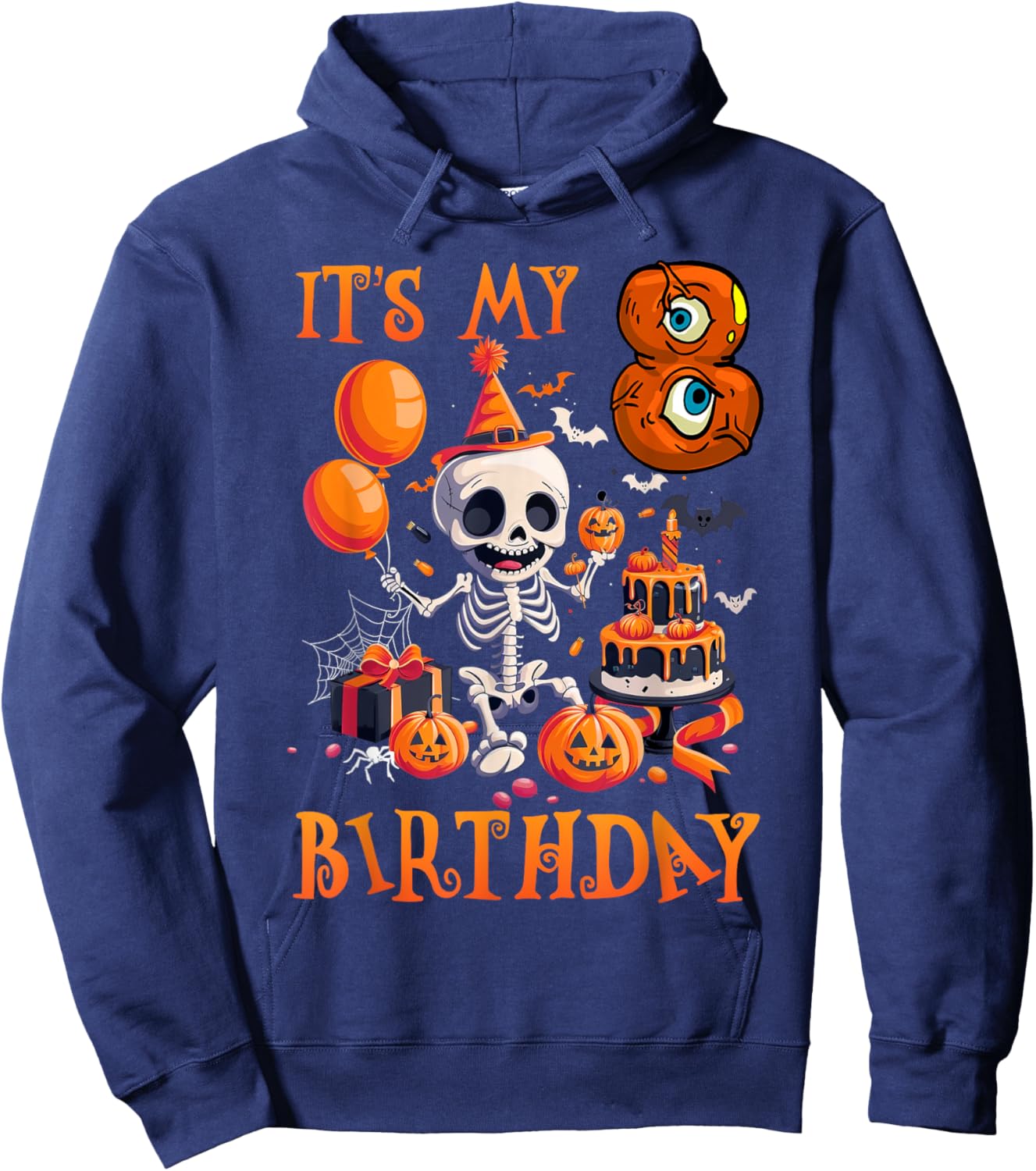 Kids Boo It's My 8th Birthday Halloween Skeleton 8 Years Old Hoodie - Hoodie | Navy