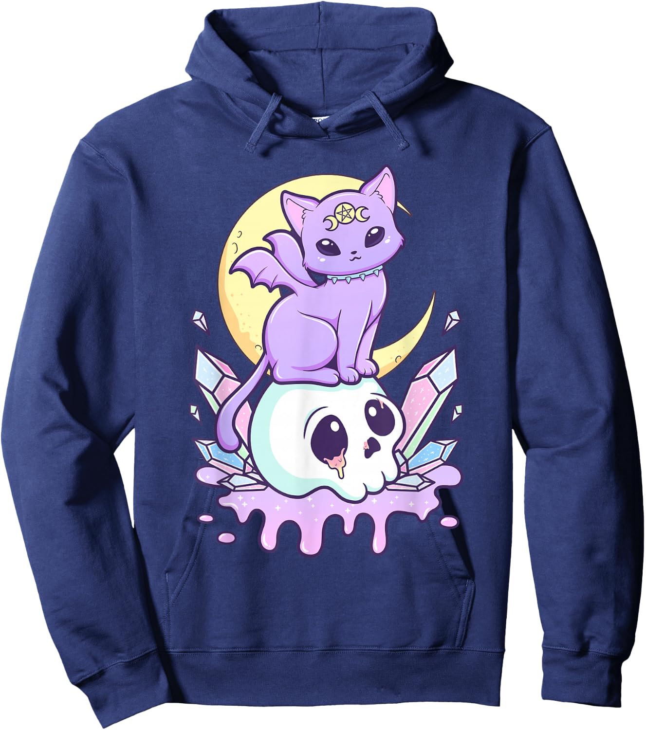 Kawaii Pastel Goth Cute Scary Witchy Cat and Skull Hoodie - Hoodie | Navy