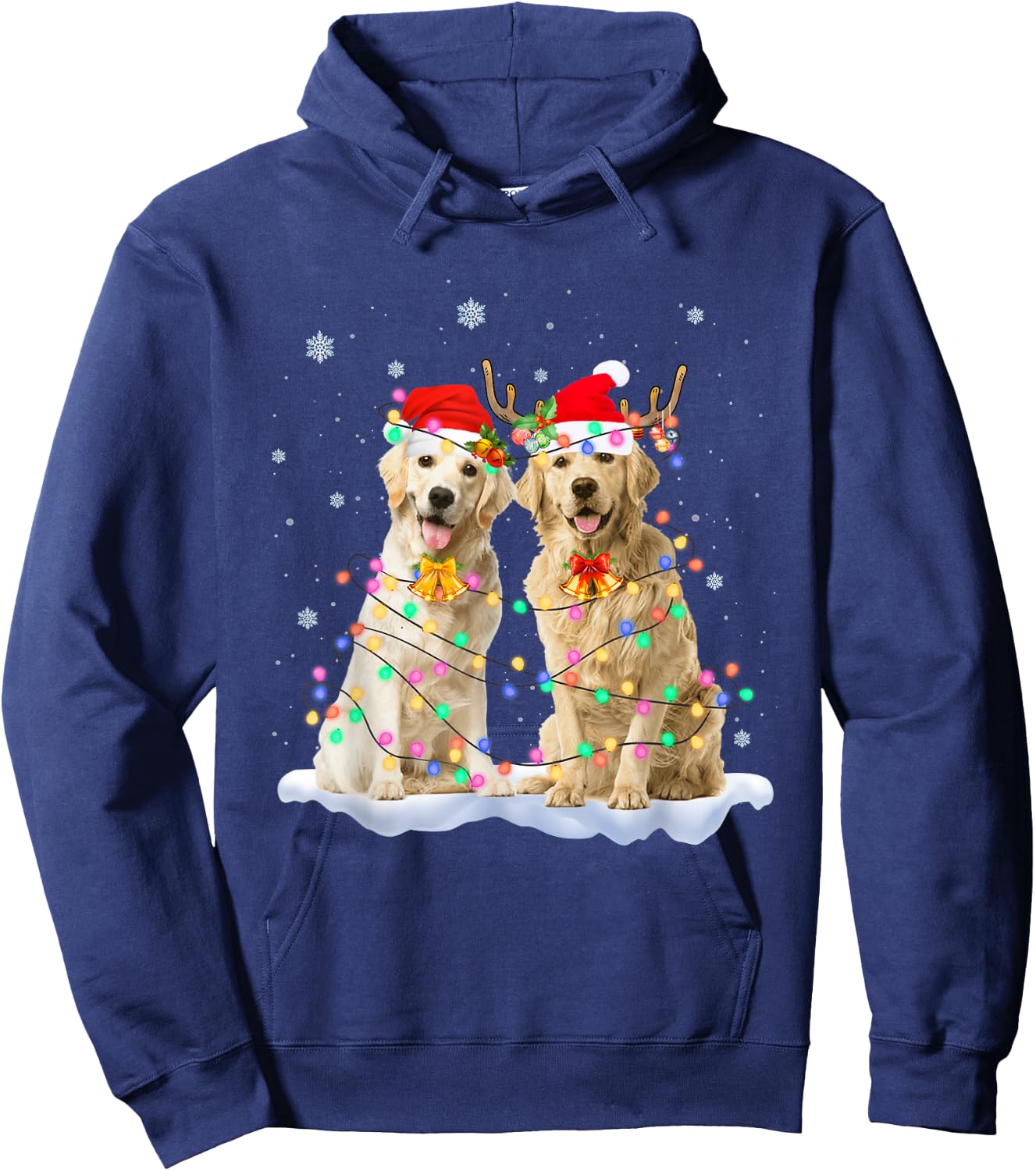 Golden Retriever Christmas Santa Hat Reindeer Lights Pajama Hoodie - Hoodie | Navy