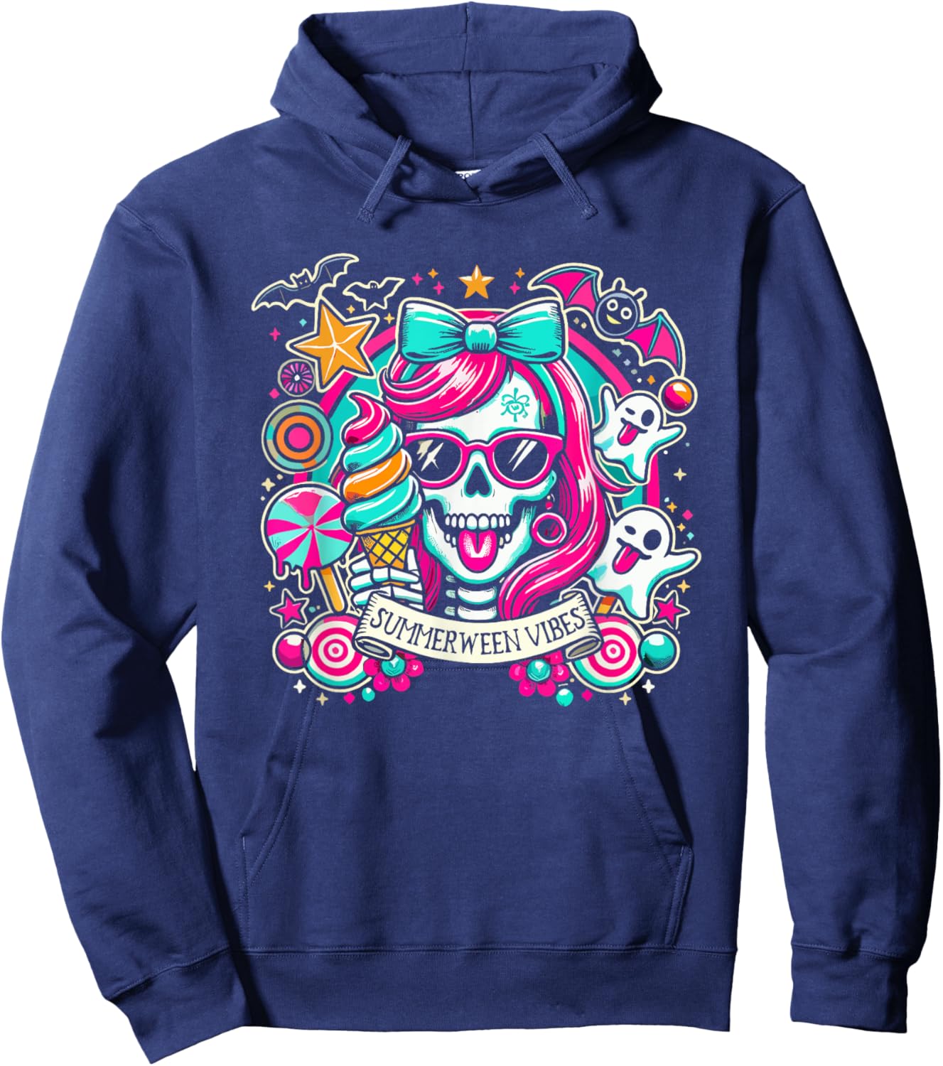 Summerween Vibes Skeleton Spooky Vacation Halloween Summer Women Kids Hoodie - Hoodie | Navy