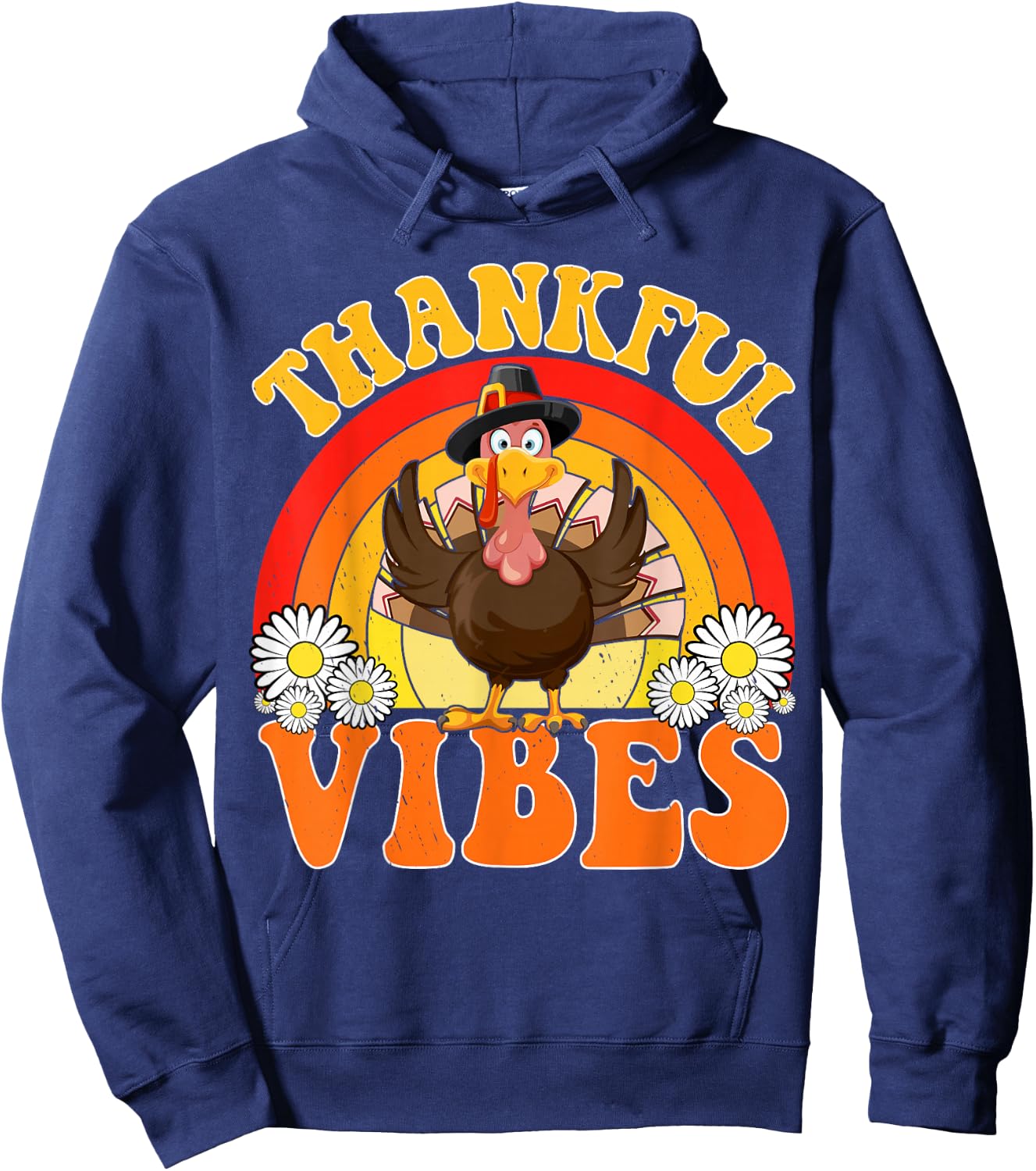 Thankful Vibes Turkey Rainbow Cute Fall Retro Thanksgiving Hoodie - Hoodie | Navy