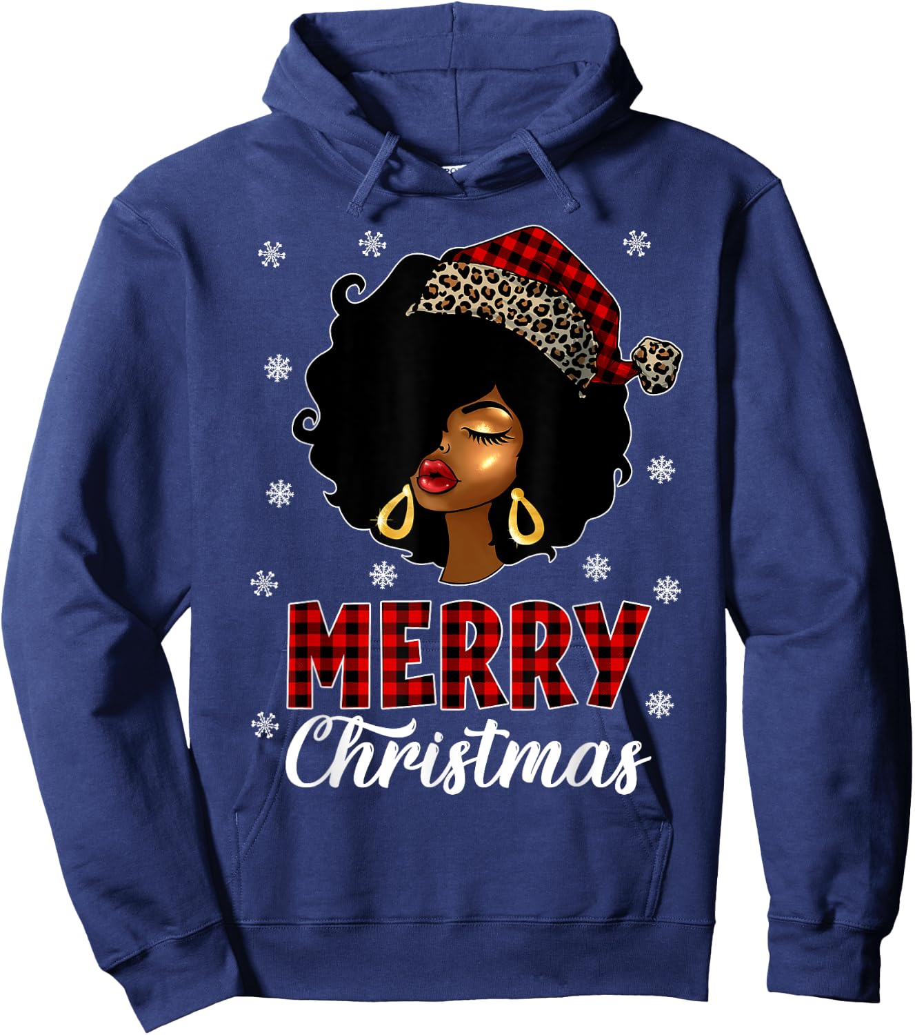 African American Afro Woman Santa Hat Merry Christmas Hoodie - Hoodie | Navy