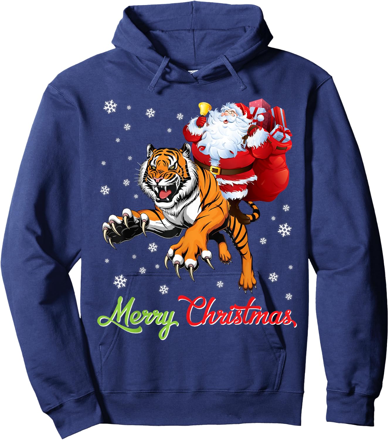 Santa Claus With Xmas Gift Riding Tiger Merry Christmas Day Hoodie - Hoodie | Navy