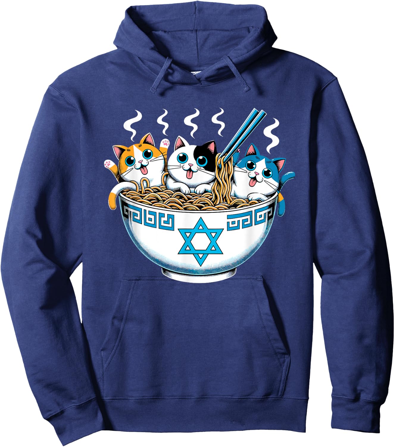 Jewish Cats Ramen Kitten Anime Hanukkah Pajamas Chanukah PJs Hoodie - Hoodie | Navy