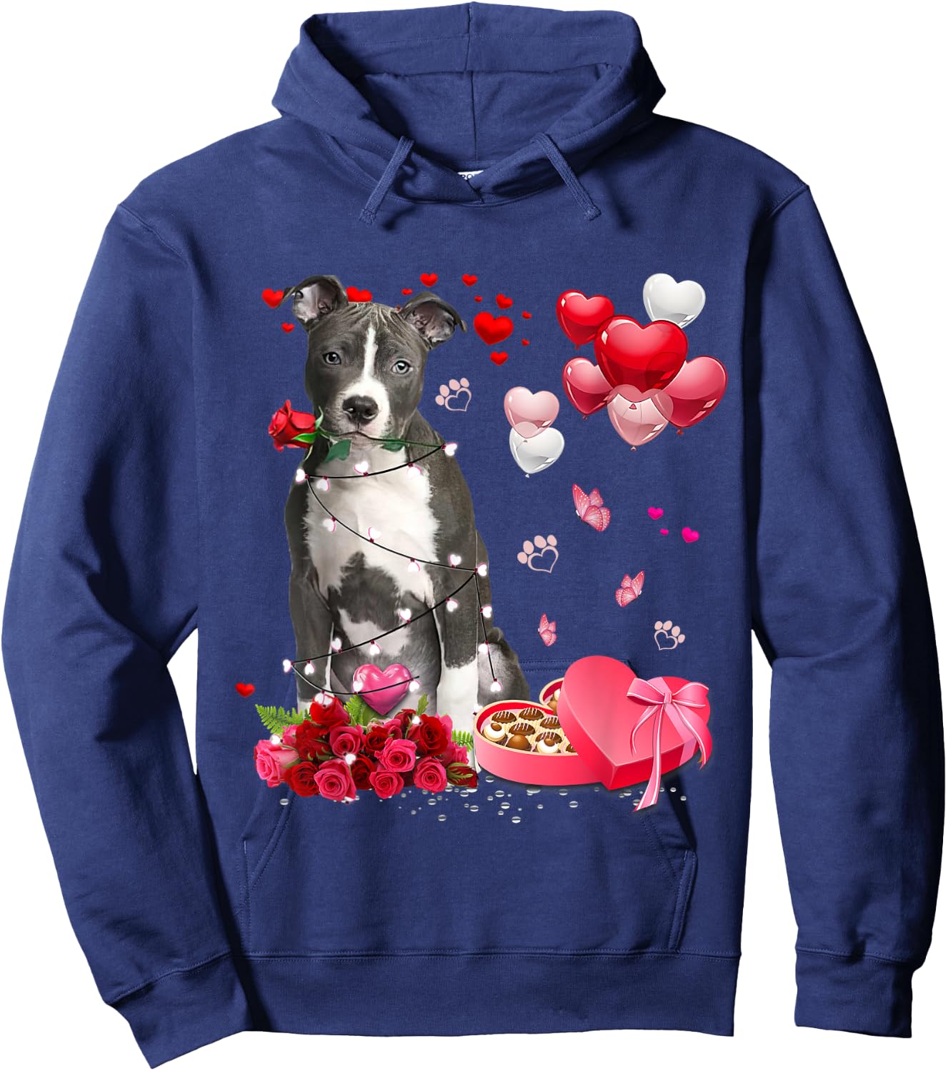 Funny Pitbull Rose Heart Happy Valentine Day Dog Mom Men Women Kids Hoodie - Hoodie | Navy
