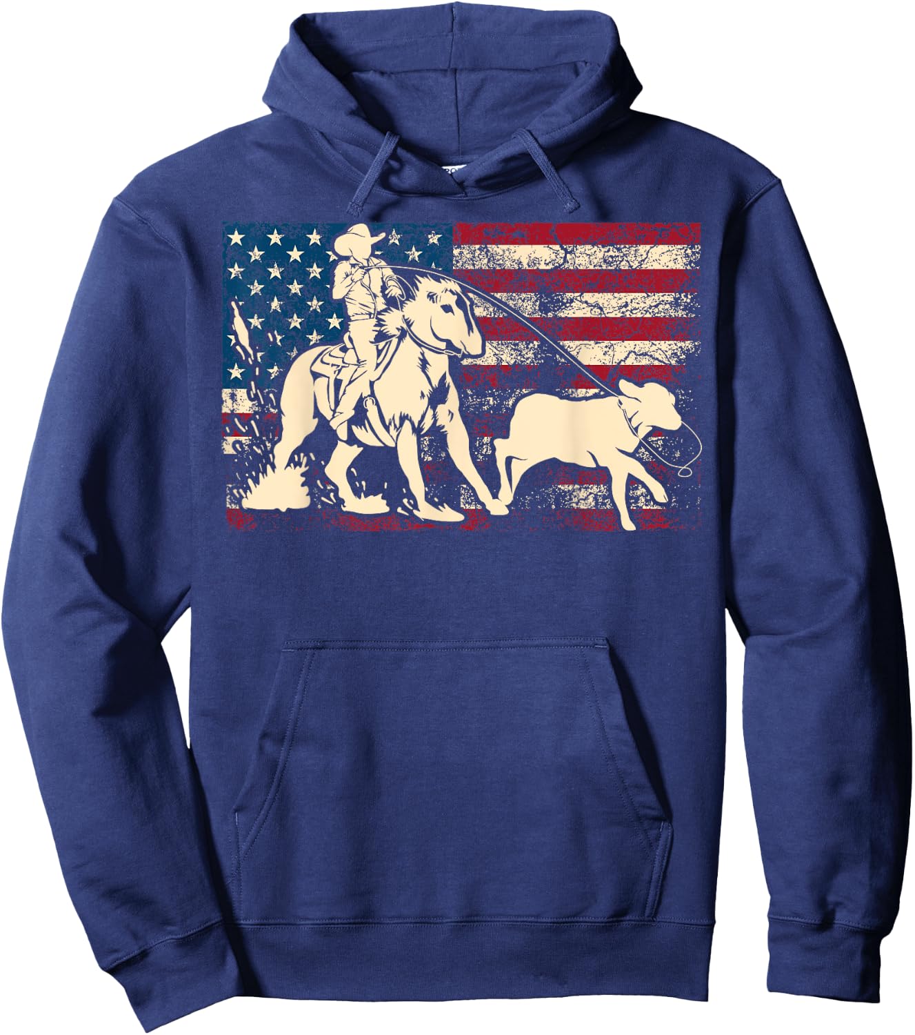 Funny Team Roping Rodeo Gift US Flag Cool Cowboy Men Women Hoodie - Hoodie | Navy