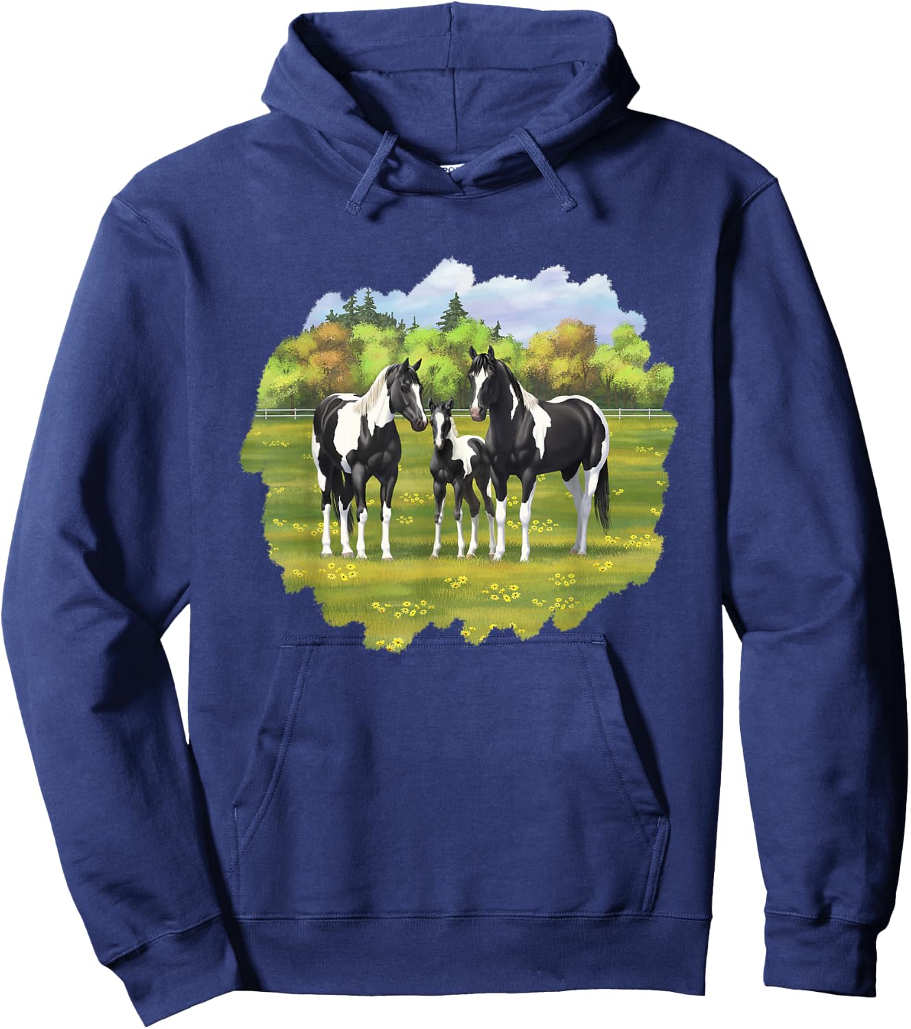 Beautiful Black Pinto Paint Horses In Summer Pasture Men Women Kids Hoodie - Hoodie | Navy
