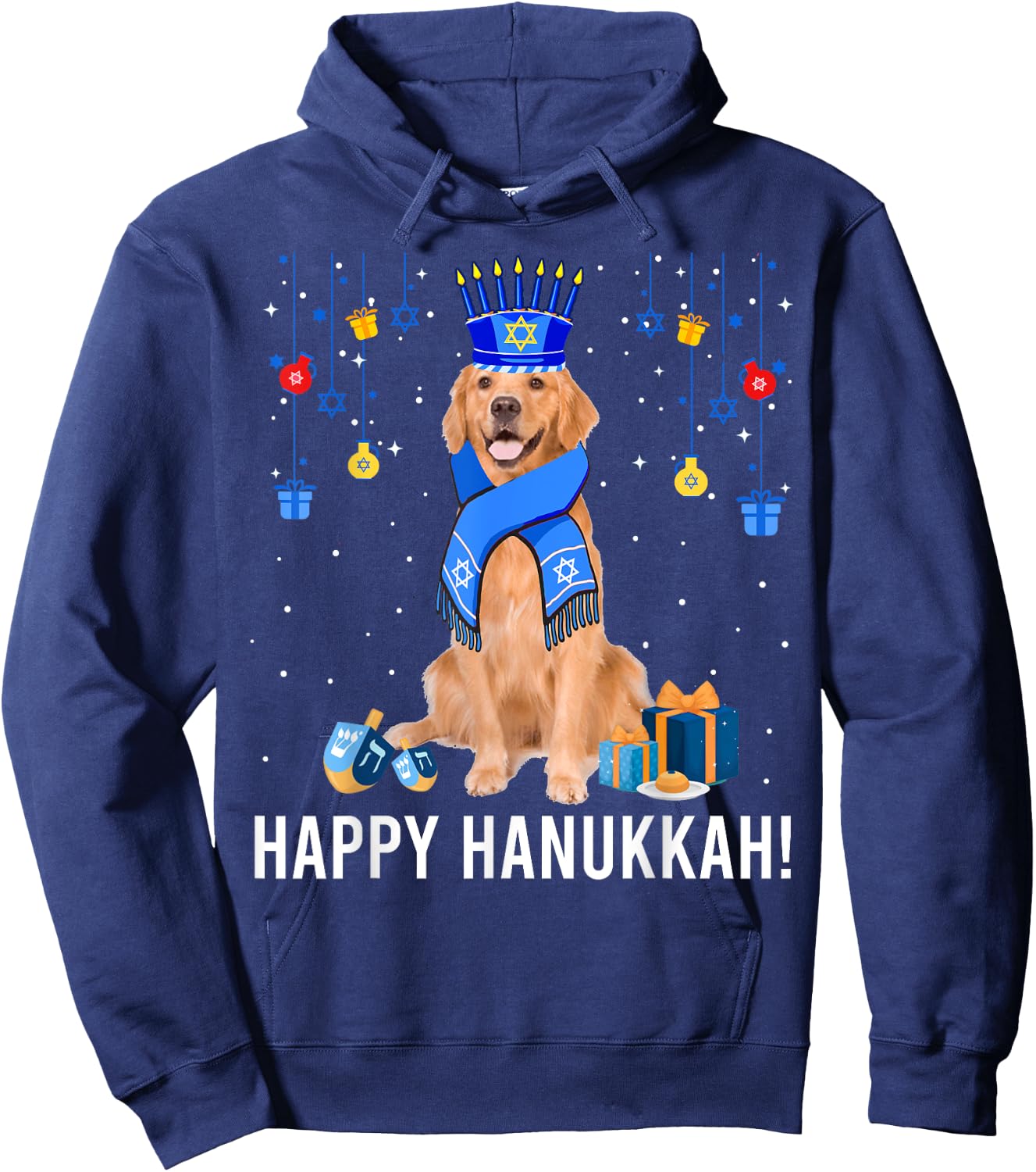 Golden Retriever Menorah Hat Christmas Happy Hanukkah Jewish Hoodie - Hoodie | Navy